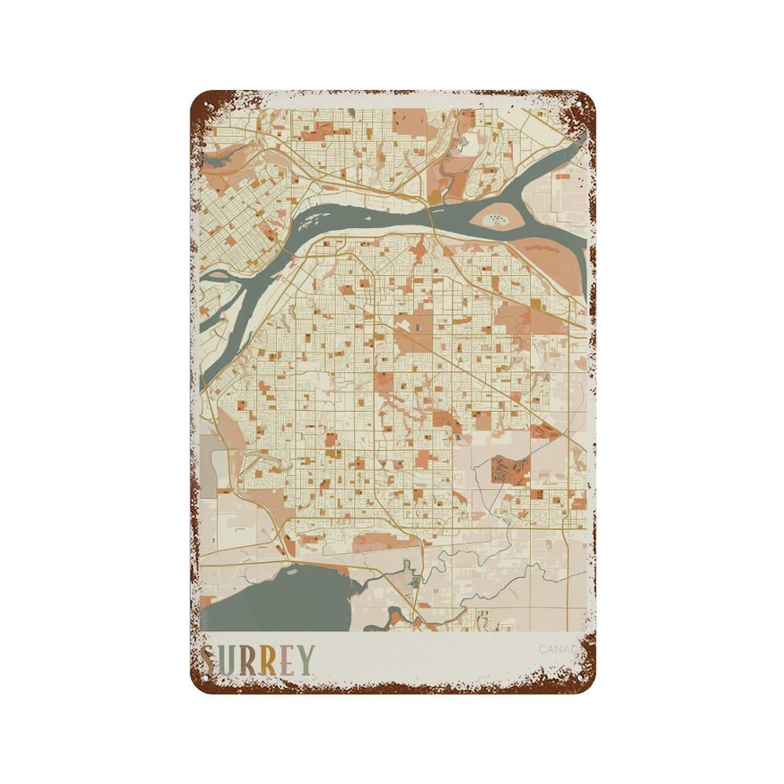 xiaoxiaoshen Surrey Map City Canada Boho British Columbia Wall Decor Art Metal Tin Poster Modern Home Decor Art Home Bar Shop Decorations Vintage Sign 30x20cm