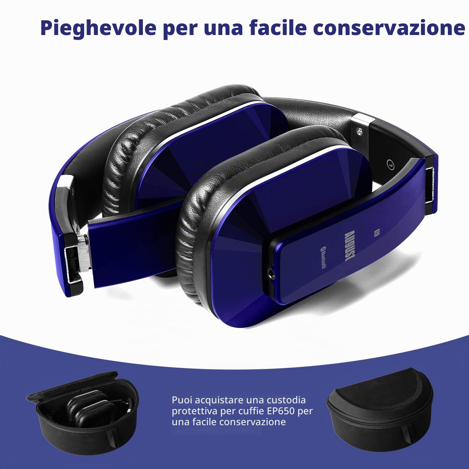August EP650, Cuffie Bluetooth Senza Fili v4.2, Sterero Auricolare Wireless Bluetooth con NFC aptX e Funzione Multipoint, Blu