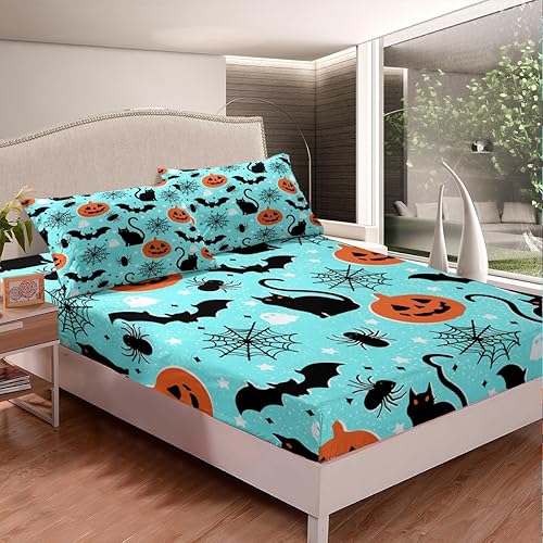 Vista 60 de Juego de sábanas bajeras con bonito diseño de gato negro para niños y niñas, diseño de dibujos animados de Halloween, gato, animales, sábanas