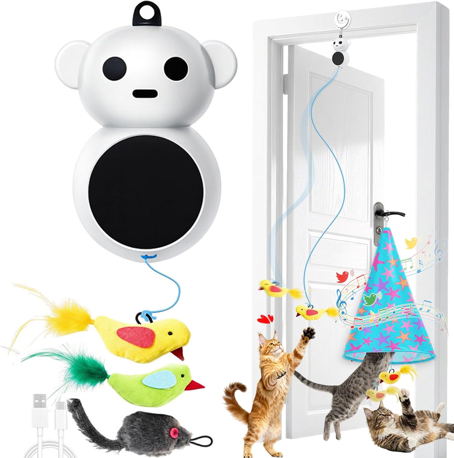 Interactive Cat Toy for Indoor Cats: 2 in1 Automatic Hide and Seek Moving Concealed Flying Bird Wand Feather with Chirping Bird Squeaky, Hanging Rechargeable Exercise Cat Toy for Kittens and Adult Cat