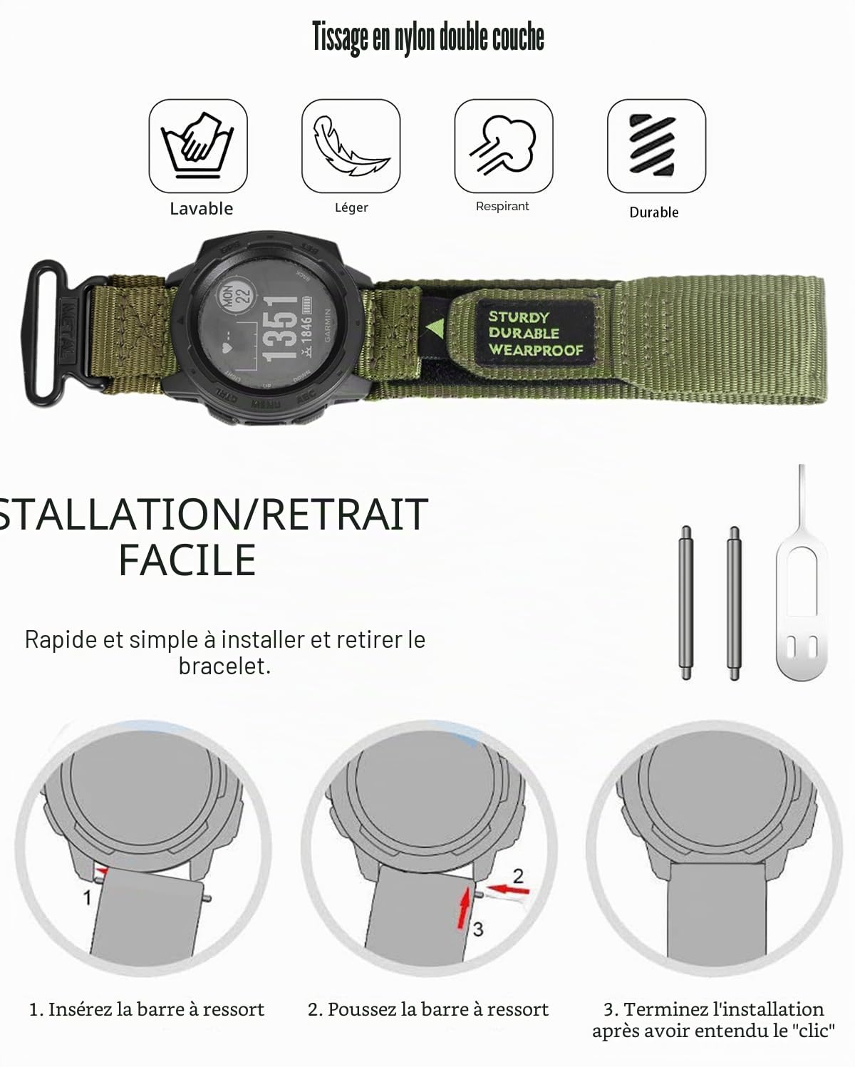 OTOPO Bracelet de montre pour Garmin Instinct/Instinct 2 Solar - Bracelet de rechange en nylon pour homme et femme - Pour Garmin Instinct Tactical/Esports/Solar/Tide
