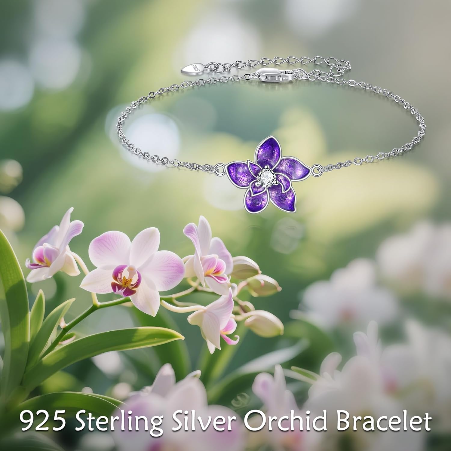 TIGER RIDER Purple/Pink Orchid 925 Sterling Silver Adjustable Bracelet Flora Jewelry Gift for Women Birthday Christmas