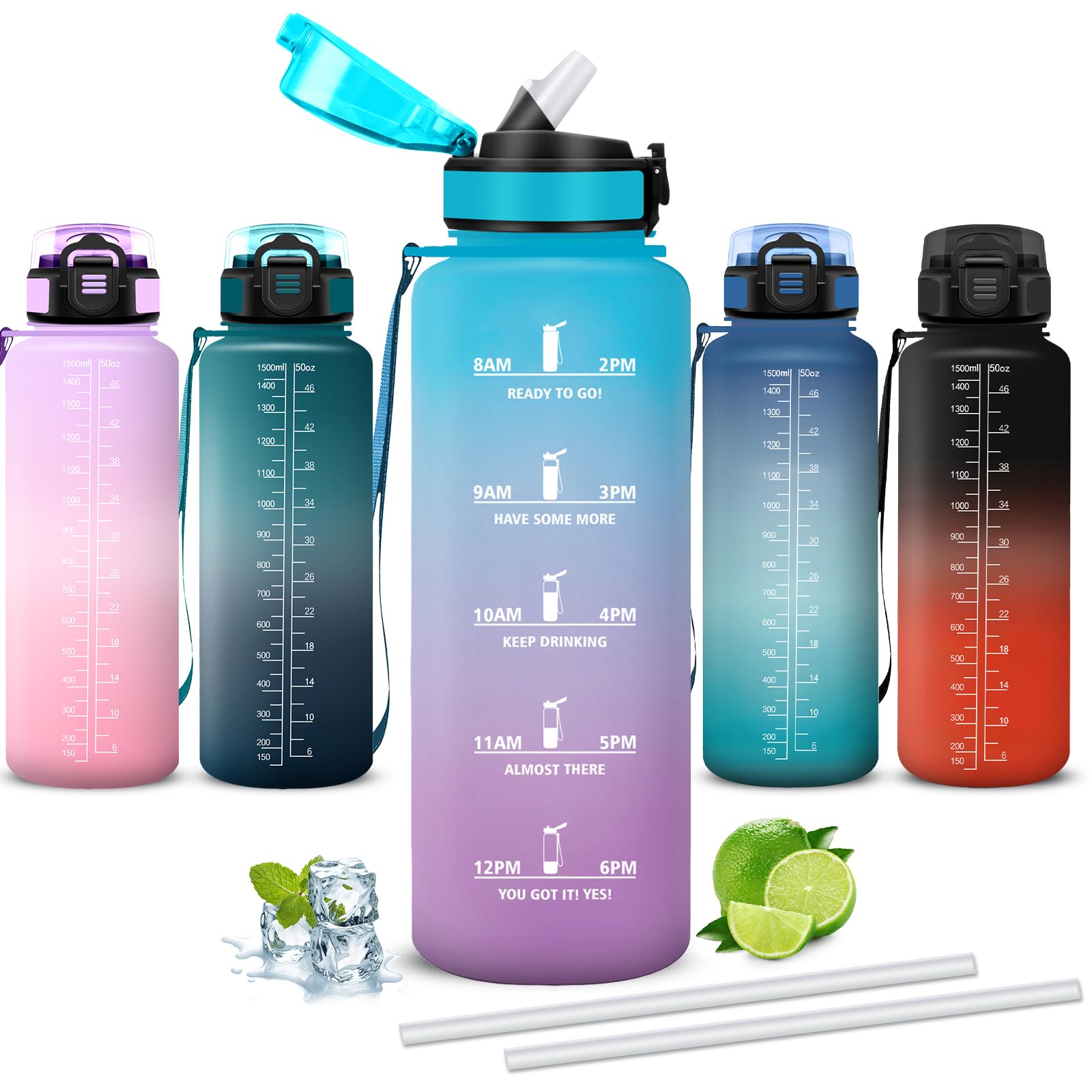 Mujigaga 1.5 Litre Water Bottle with Straw, Leakless, Motivational Water Bottles, Easy to Clean, with Safety Closure, Water Bottles for Fitness, Climbing, Hiking