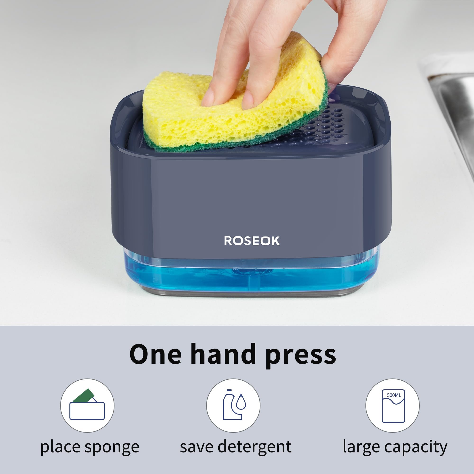 ROSEOK Dispensador de jabón desmontable con una sola mano con soporte de esponja para limpiar platos, ollas, fregaderos, 500 ml