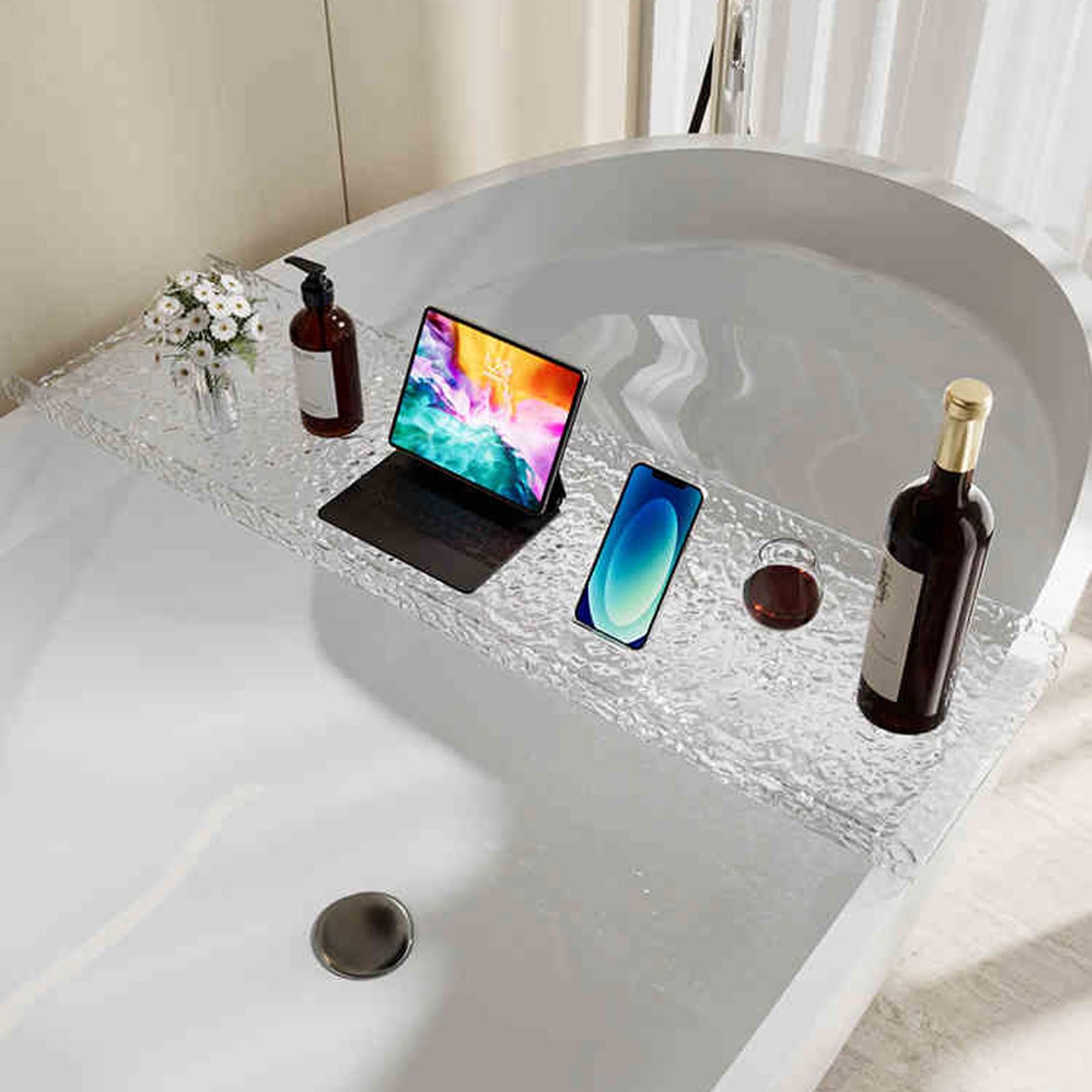 Vllentin Bath Tray,Plastic Bathtub Caddy Tray,Bath Tub Table Board,Trays For Bathtub Accessories,Bridge Shelf Rack,Clear Acrylic,Waterproof,for Place Candles,Wine Glass,Book,Phone