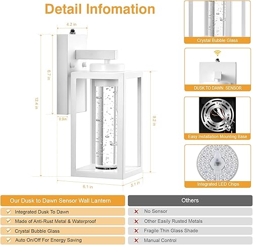 Miniatura 6 de VIANIS Paquete de 2 lámparas de pared para exteriores del atardecer al amanecer, lámpara LED blanca de 10 W, montaje en pared, antióxido, modernas