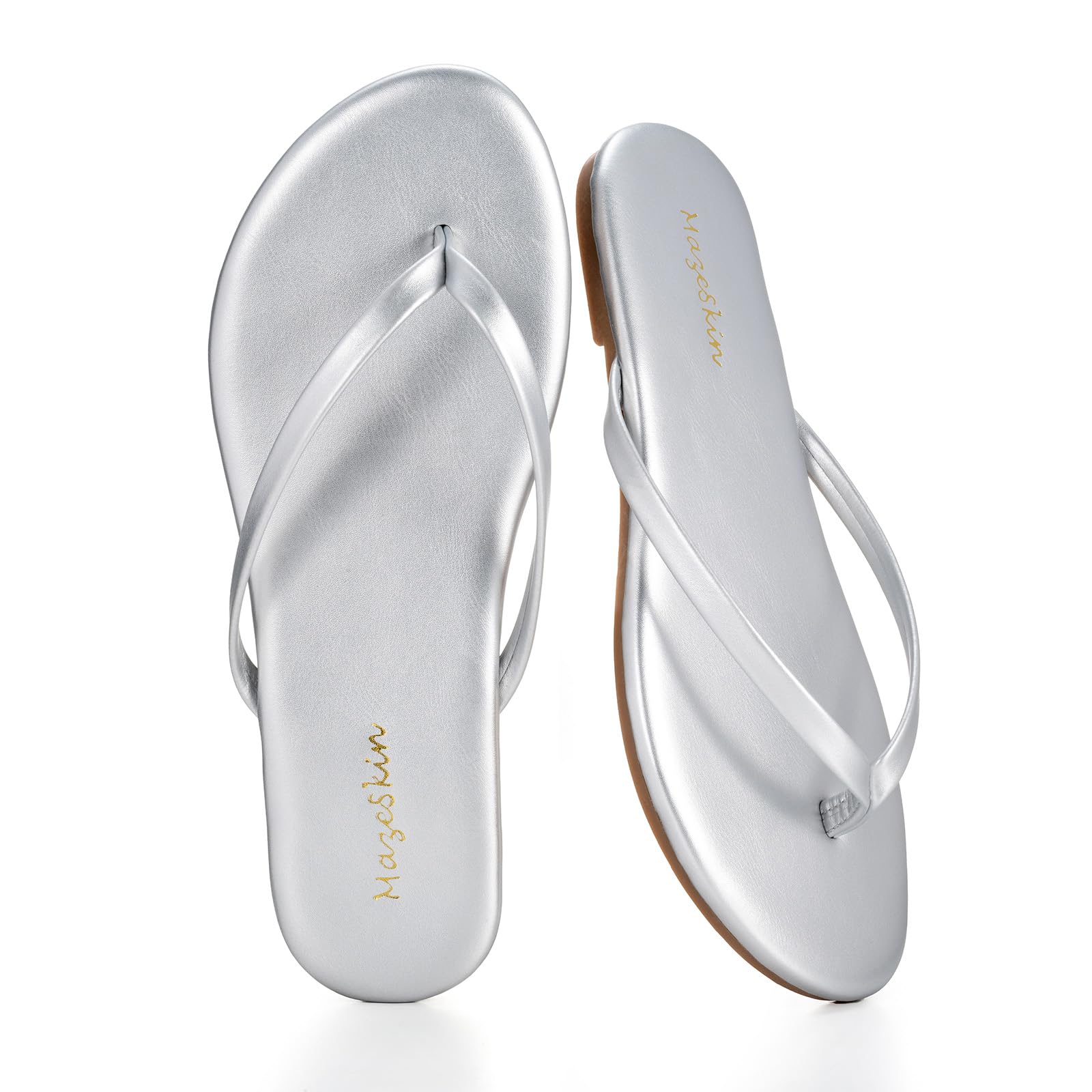 mazeskin Womens Memory Foam Flip Flops Flat Thong Sandals | Soft Vegan Leather Comfortable Cushioned Casual Dressy Beach Summer Minimalist Slim Slide Shoes Indoor Outdoor