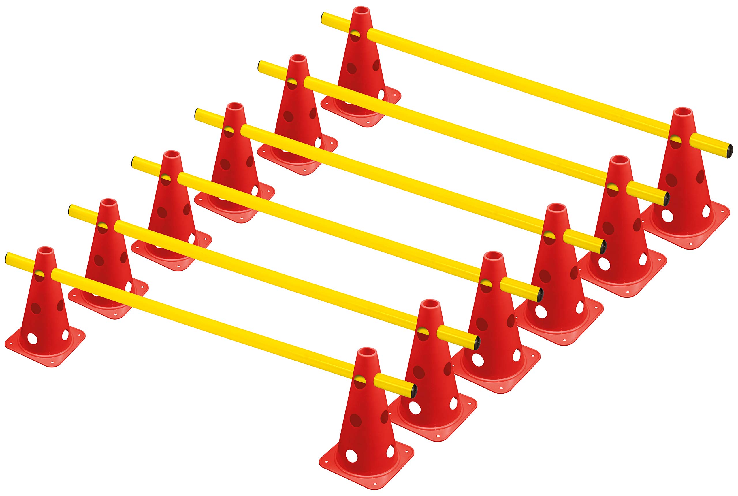 Lot de 6 obstacles | 12 cônes rouges : 22,5 cm | 6 barres jaunes : 1 m