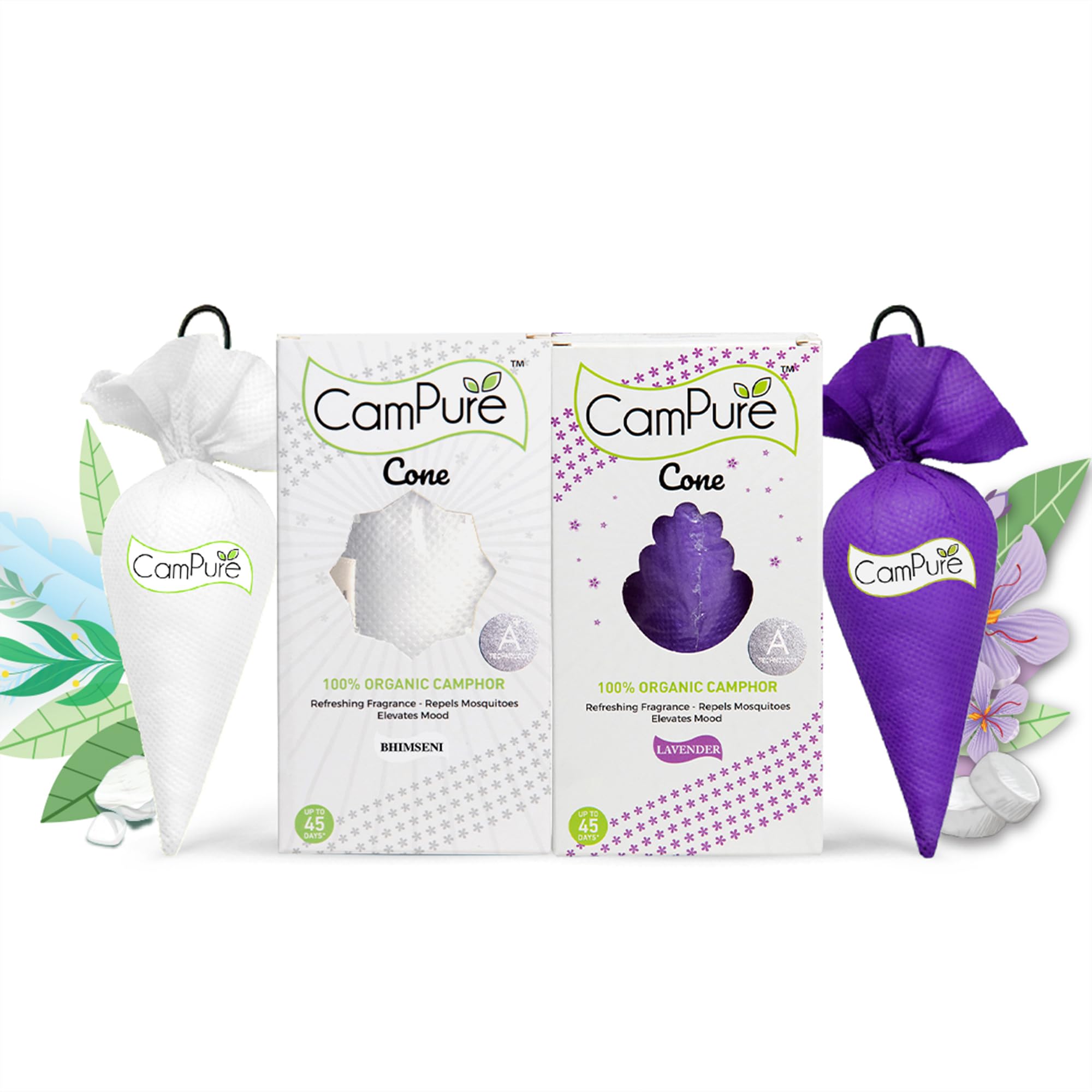 CamPure Camphor Cone (1 Bhimseni & 1 Lavender) Pack Of 2-100% Organic | Air Freshener For Car, Wardrobe, Office Cabin's, Drawers, Travel Bag & Bathroom