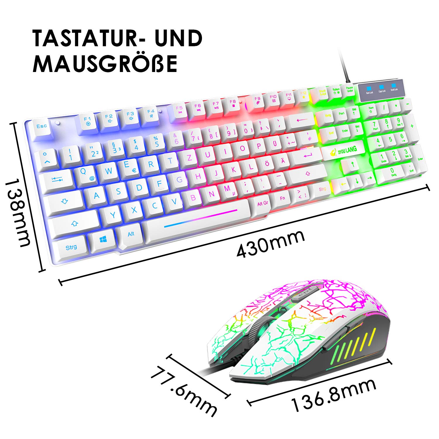 Teclado para juegos blanco con cable con ratón Diseño alemán QWERTZ Teclado con cable Retroiluminación LED RGB 2400 DPI Ratón de 6 botones Teclado y ratón compatible con PC PS5 PS4 Xbox