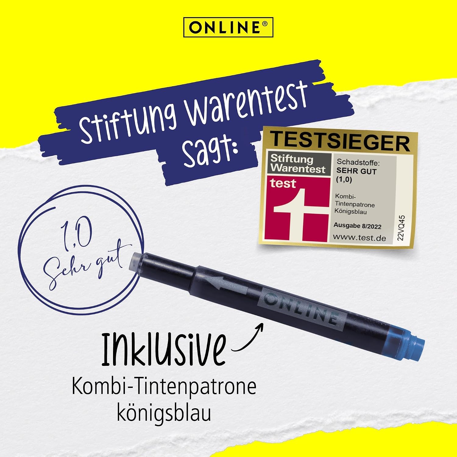 Online College Beautiful Fountain Pen for Right-Handed, Ergonomic Handle, Medium Iridium Nib, Standard Ink Cartridges with Blue Cartridge, Suitable for Allergy Sufferers