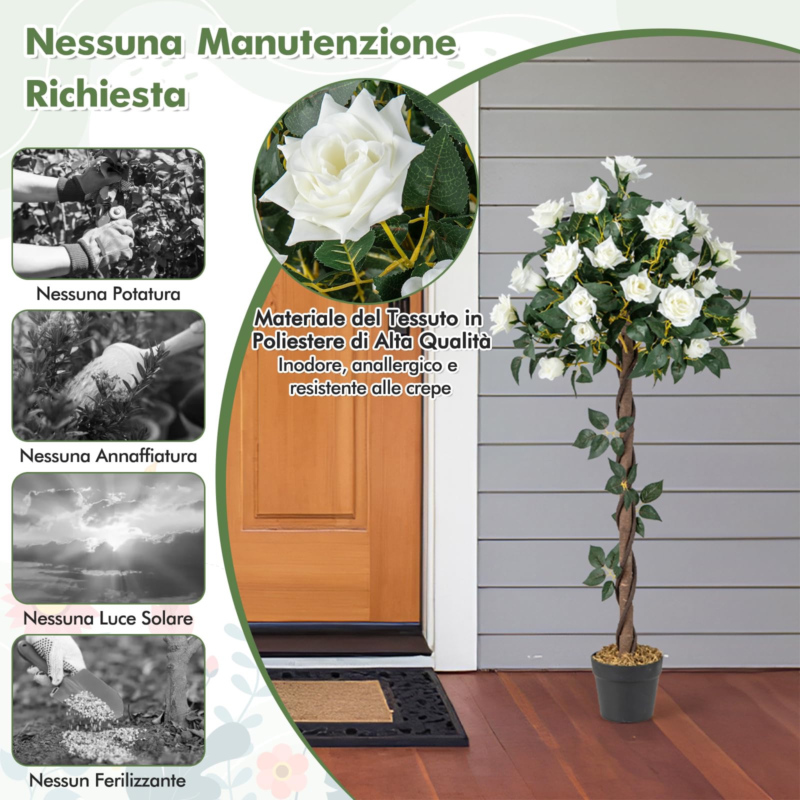 COSTWAY Pianta Floreale Finta 120 CM, Albero di Fiori Artificiali con Rose Bianche, Vaso da Vivaio, Pianta in Vaso da Interno per Decorazione Interna per Ufficio e Casa