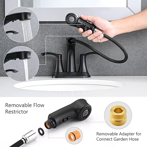 Miniatura 4 de Besfelos Grifo de baño con rociador extraíble, juego central de 4 pulgadas, grifo de fregadero de 3 agujeros, grifo extraíble de 2 manijas para