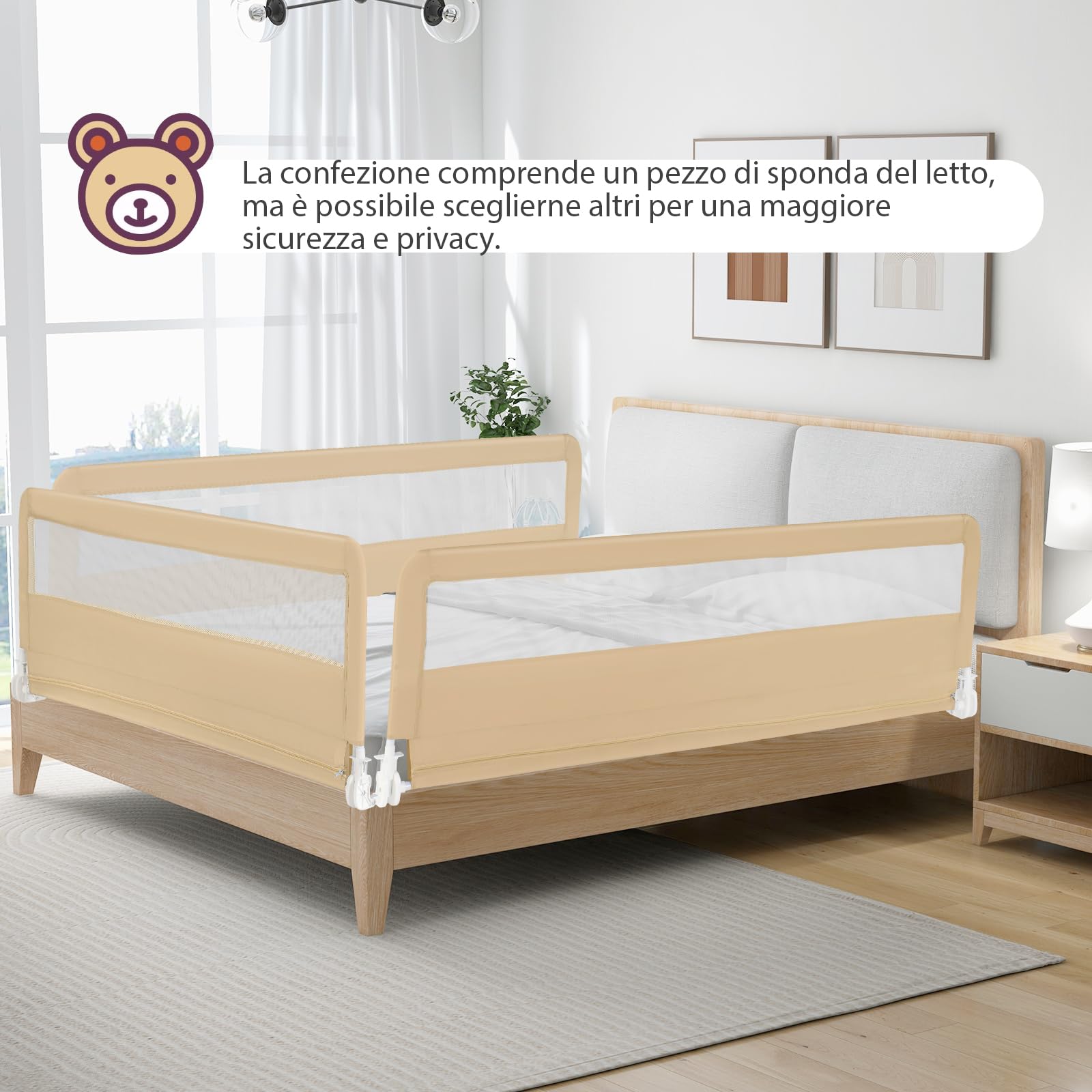 COSTWAY Barriera Letto per Bambini di 180 cm, Sponda di Sicurezza Pieghevole con Copertura Rimovibile, Rete Traspirante, Sbarra da Letto per Letti Singoli e Matrimoniali, 180 x 41 x 55 cm (Beige)