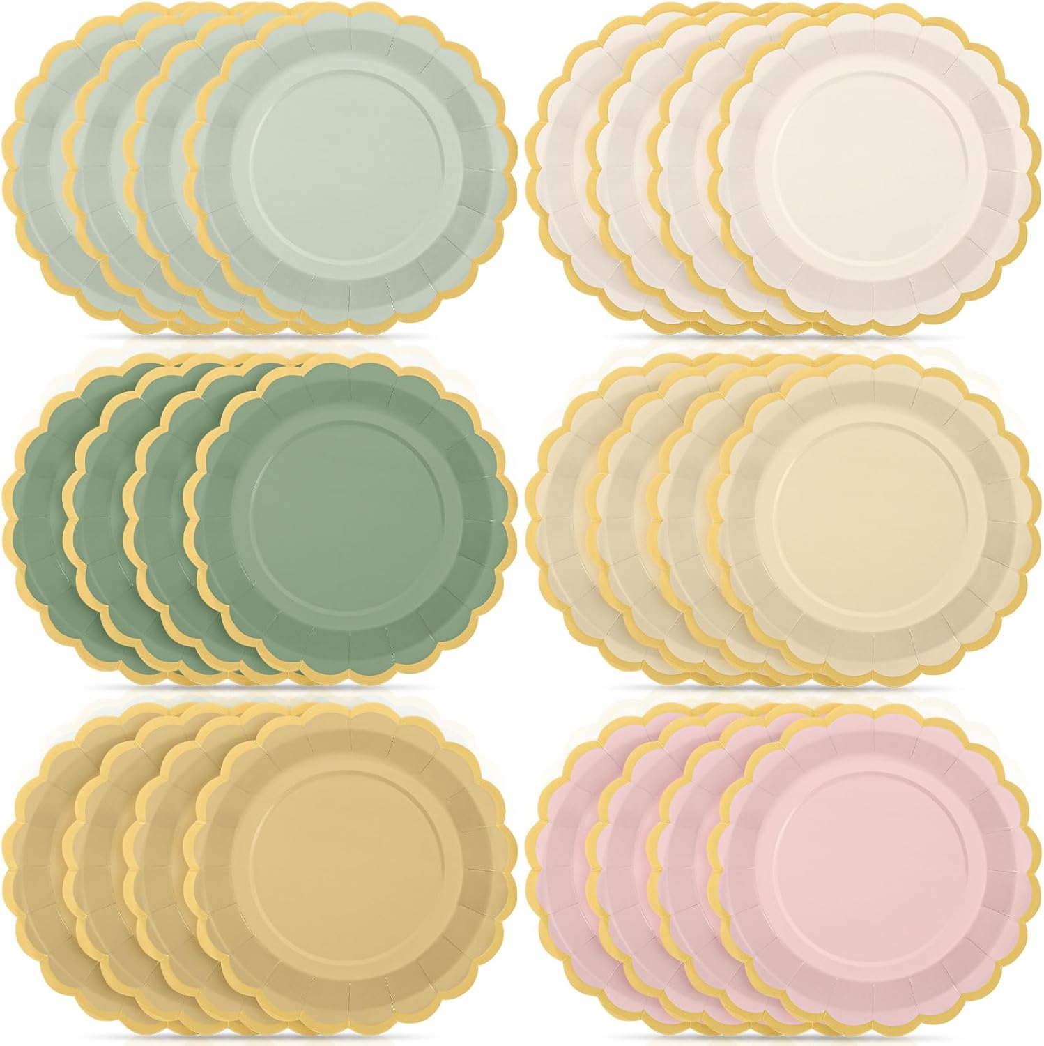 48 Pcs Sage and Pink Paper Plates 9 Inch Gradient Scalloped Paper Disposable Dinner Dessert Plates for Birthday Wedding Bridal Party Supplies, 6 Colors