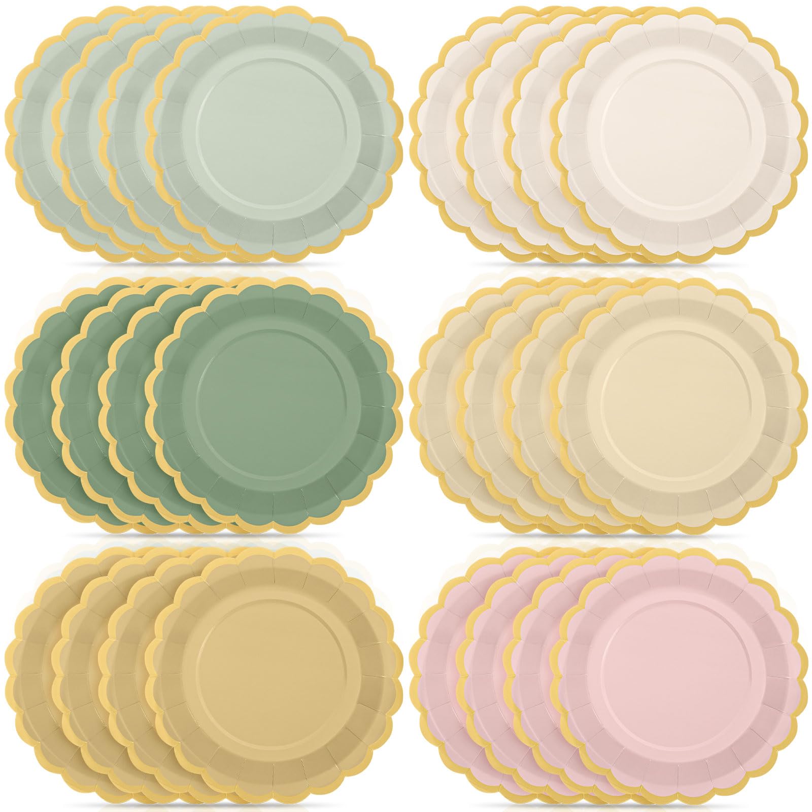 48 Pcs Sage Paper Plates 9 Inch Scalloped Sage and Pink