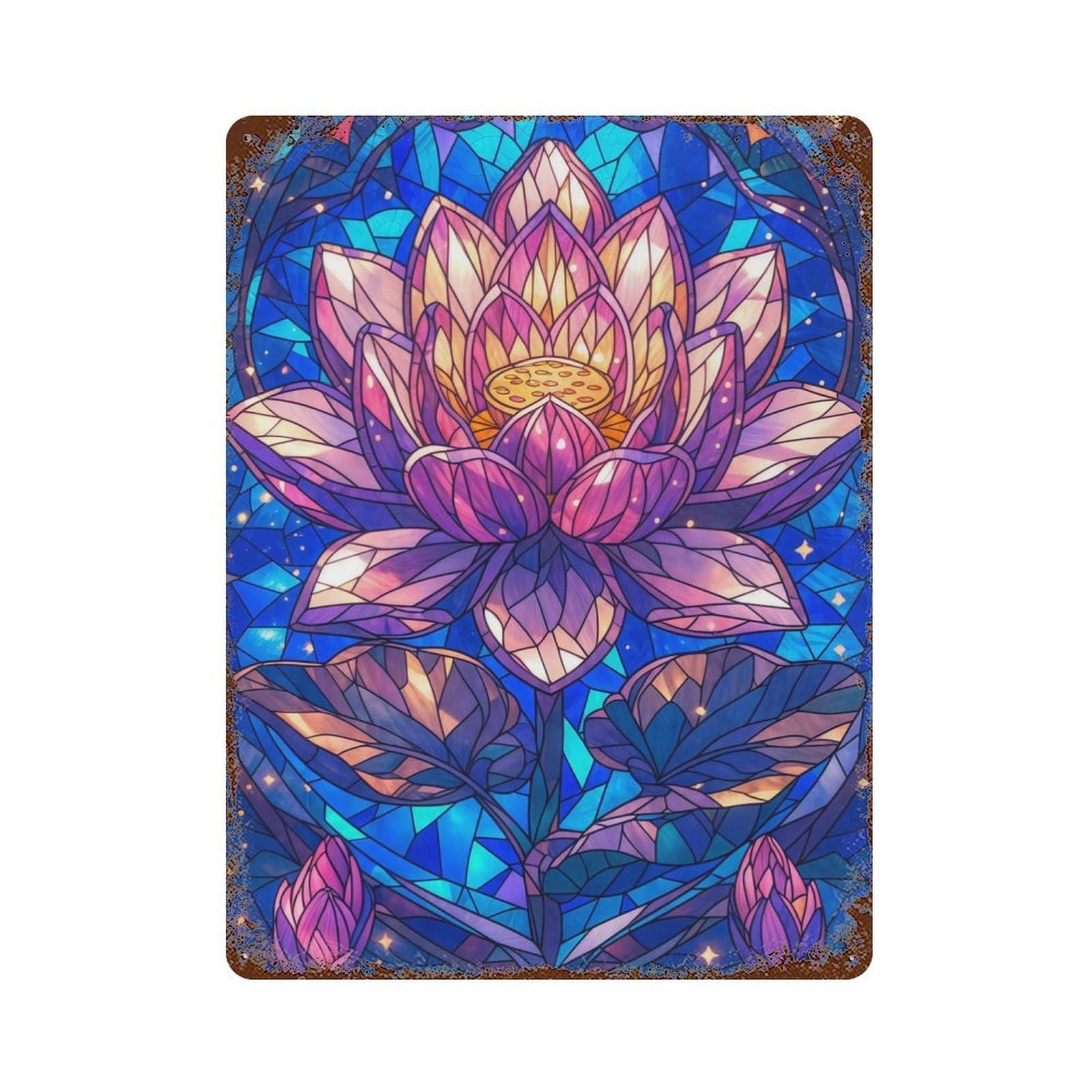 Stained Glass Lotus Bloom 15.7"x11.8" Decorative Tin Sign, Farmhouse Wall Decor for Farmhouse, Kitchen And Entryway Decor