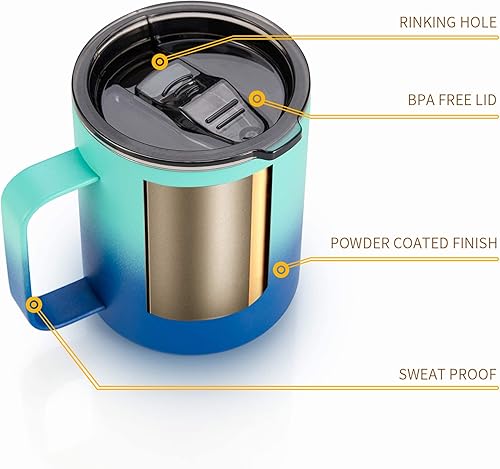 Miniatura 4 de ALOUFEA Taza de café aislada de acero inoxidable de 12 onzas con asa, taza de viaje al vacío de doble pared, vaso con tapa deslizante, océano secreto