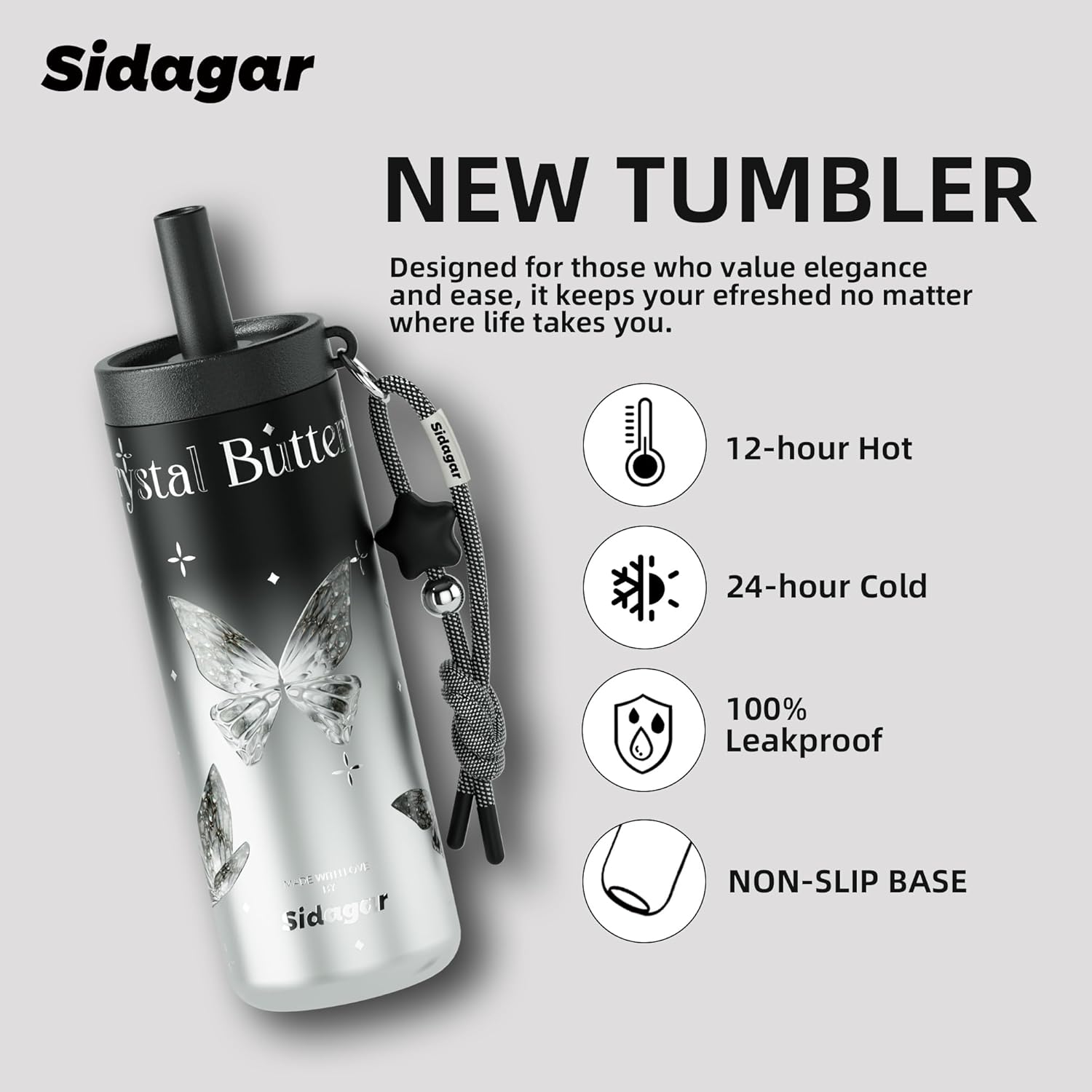 24 oz Insulated Tumbler Drinks Flask for Women, Stainless Steel Leak Proof Water Bottle Fits in Cup Holder Resuable Travel Coffee Mug, BPA-Free, Commute Yoga Office Travel - Crystal Butterfly - Image 2