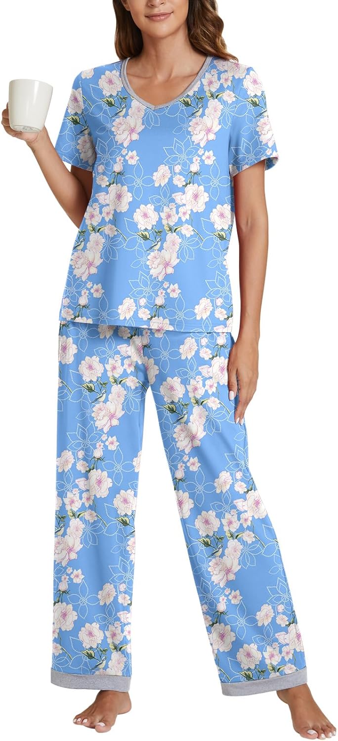 POKWAI 2024 Star Print Pajamas for Women Sets Soft Comfy Short Sleeve Tops and Pants Pajama Set Sleepwear Pjs Kapok Medium