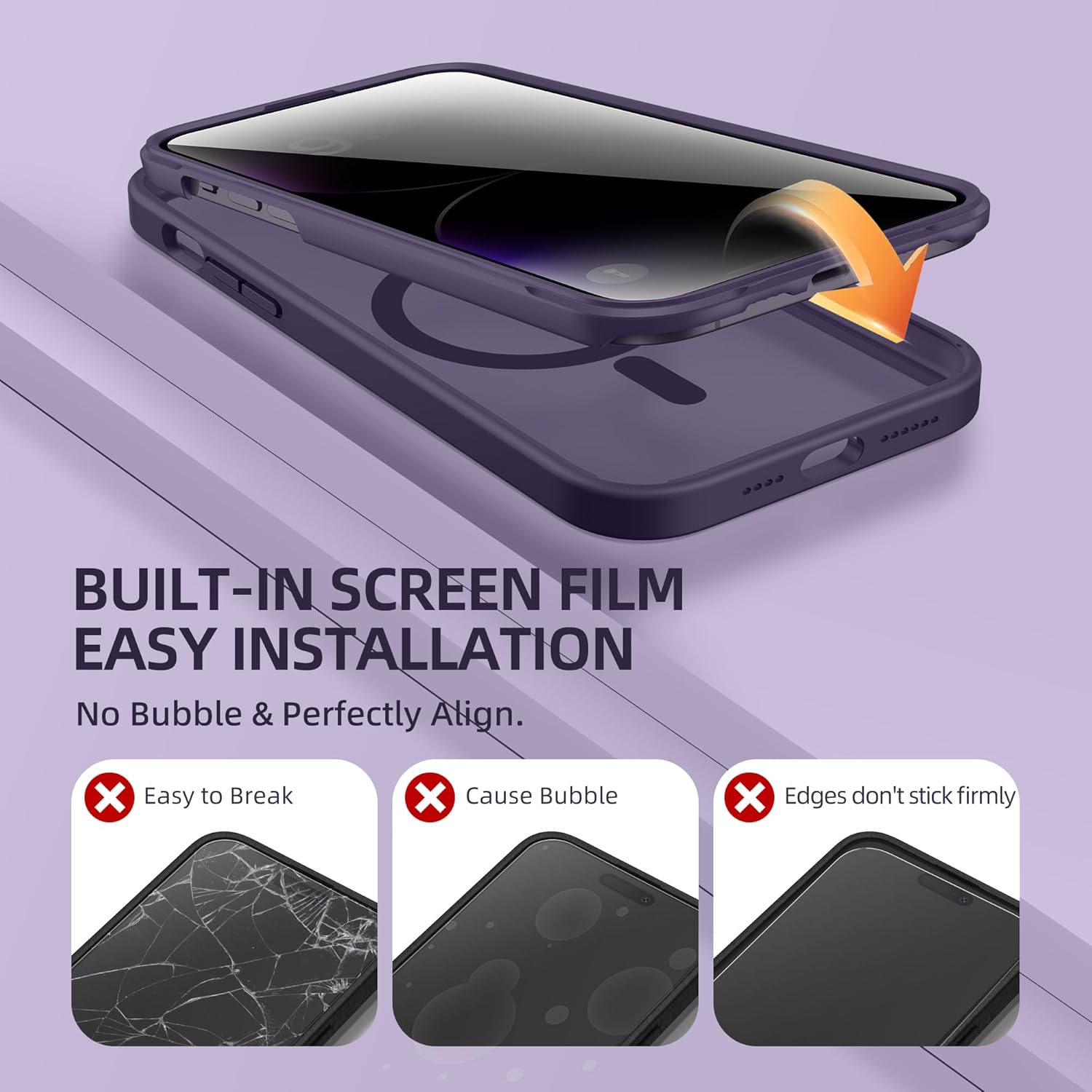 BERFY for iPhone 14 Pro Max Case, Compatible with MagSafe, Built-in Privacy Screen Protector, Camera Protection, Shockproof Full Body Phone Case 6.7", Translucent Purple