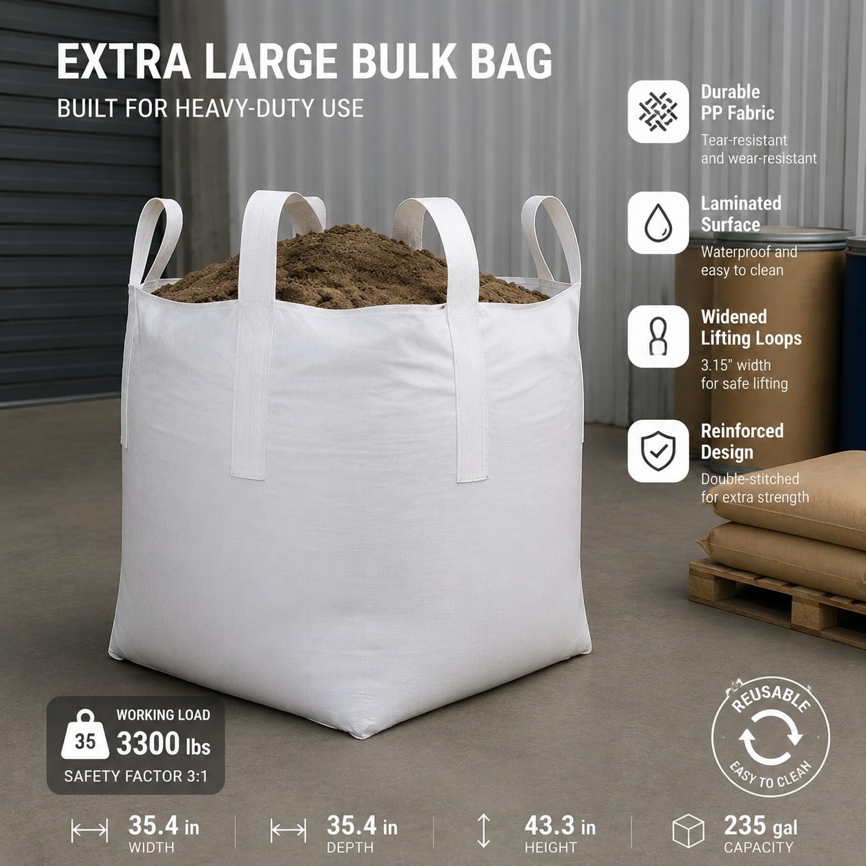Big Bag in Polipropilene,90 x 90 x 110 cm,Sacco da 1,5 tonnellate,per Materiali da Costruzione detriti edili,Legno,rifiuti da Giardino,Sabbia – Sacchi detriti da Costruzione(Size:5-Pack)