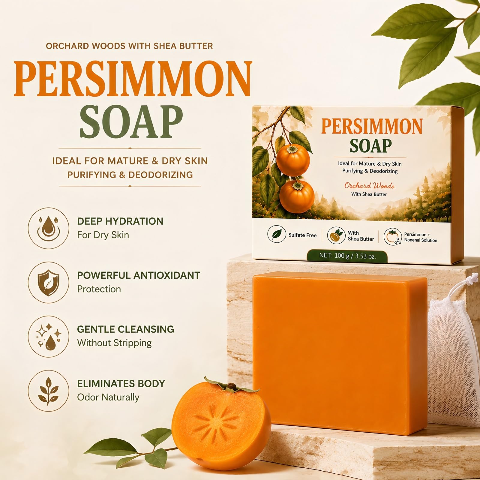 Natürliche desodorierende Persimmon Seife Bar für Körpergeruch Kontrolle, sanfte tägliche Reiniger für Männer Frauen, Tiefenreinigung mit Persimmon-Extrakt (8pcs)