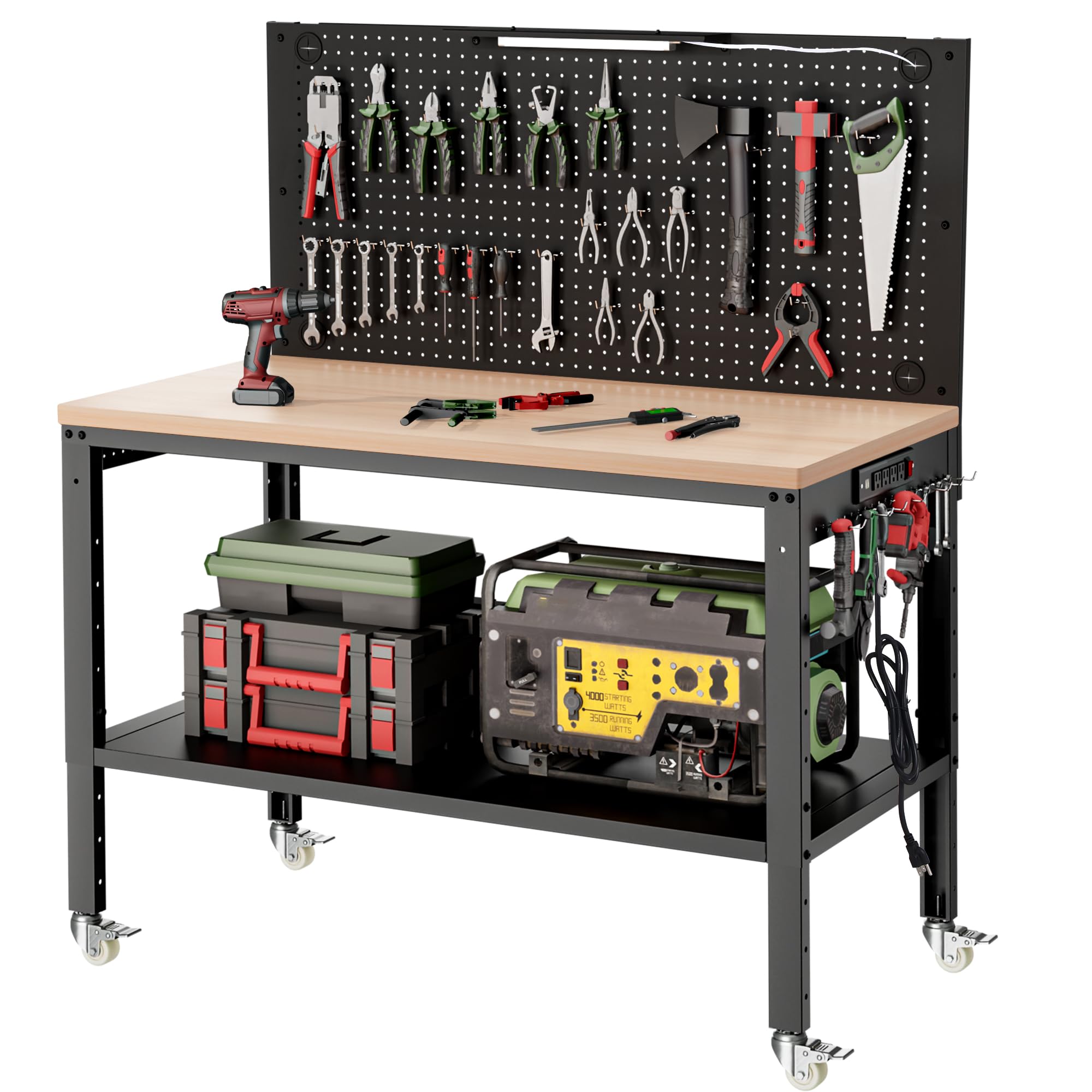 48" Garage Work Bench with Under Table Shelf &amp; Pegboard, Max Load 2000 LBS Heavy Duty Wood Work Bench with Power Outlet for Commercial, Workshop, Office, Home