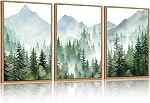 CHDITB Mountain Art mural de toile de paysage encadré(12"x16"), 3 Panneaux Boho Nature Forêt Reproduction d'oeuvres d'art, Grand Résumé Moderne Pin vert Arbres Décor d'Art pour Chambre Salon Bureau
