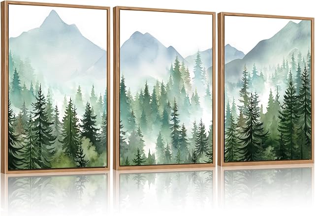 CHDITB Mountain Art mural de toile de paysage encadré(12"x16"), 3 Panneaux Boho Nature Forêt Reproduction d'oeuvres d'art, Grand Résumé Moderne Pin vert Arbres Décor d'Art pour Chambre Salon Bureau