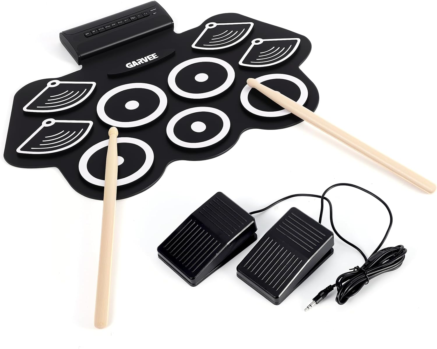 9-Pad Bluetooth Electronic Drum Set, 12 Demo & 7 Rhythms, Roll-Up Portable Design, Standard Drum Pad Configuration and Pedal Expansion Port Includes Sticks, Pedal, Headphone Jack & Recording