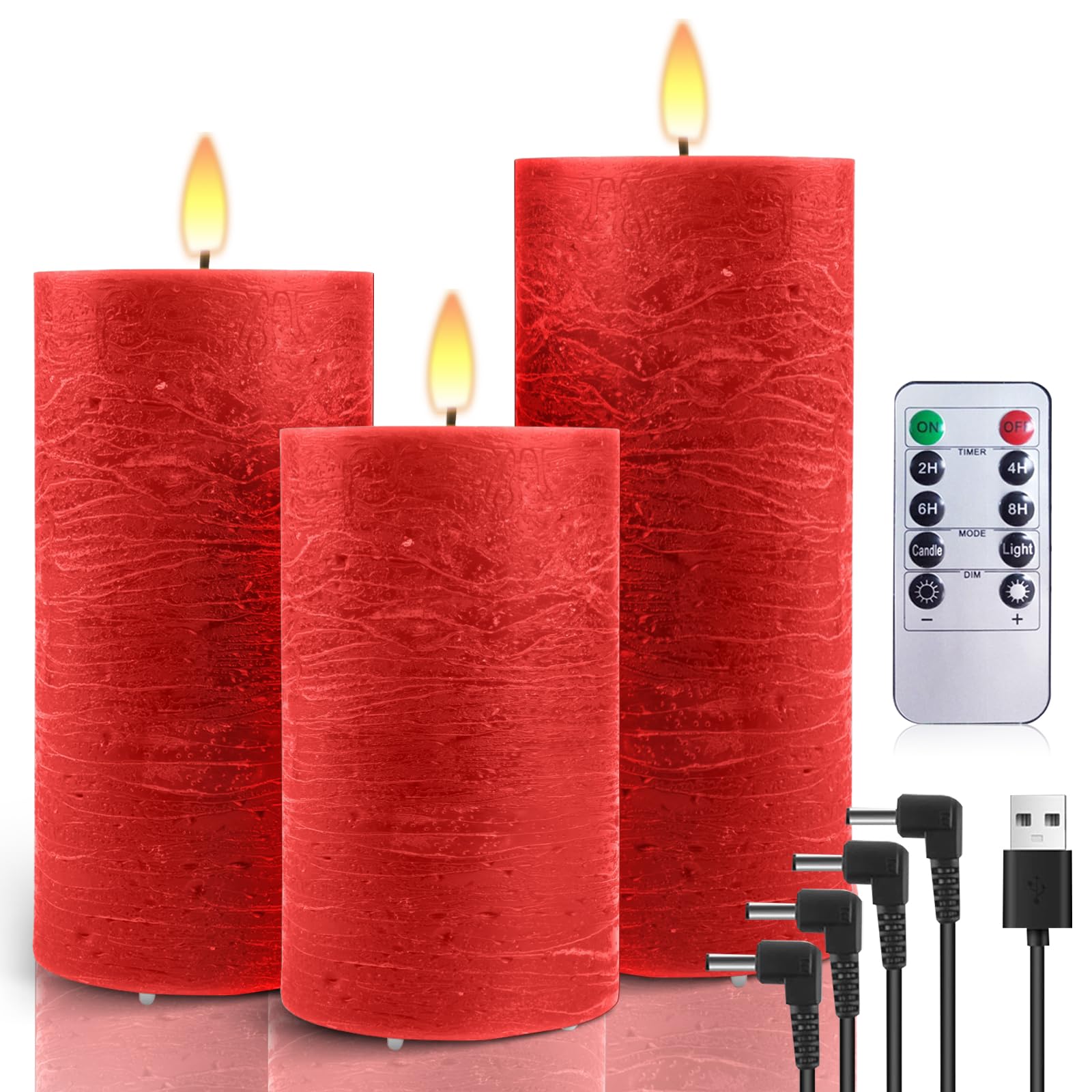 AiiBowy velas led recargables usb [3 piezas] velas led efecto llama con temporizador, velas electricas led cera real, velas eléctricas Control remoto, Navidad Halloween Cumpleaños Fiestas Bodas Rojo