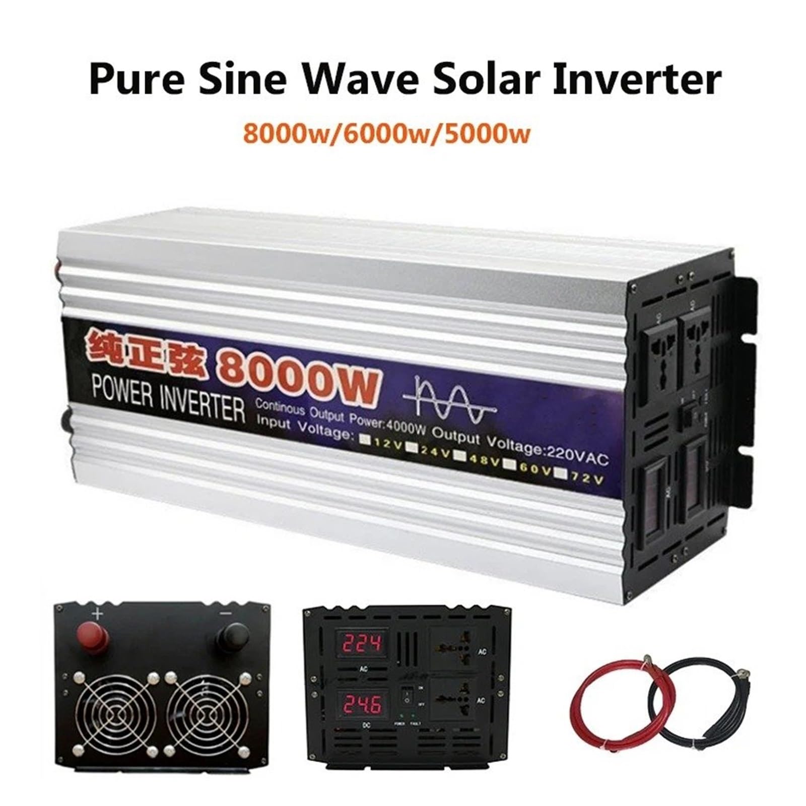 Inversor Onda Sinusoidal Pura 8000 W 6000 W 5000 W Convertidor Voltaje CC 12 V/24 V A CA 220 V 50 Hz/60 Hz Gran Potencia Doble Salida Portátil(12V50HZ,8000W)