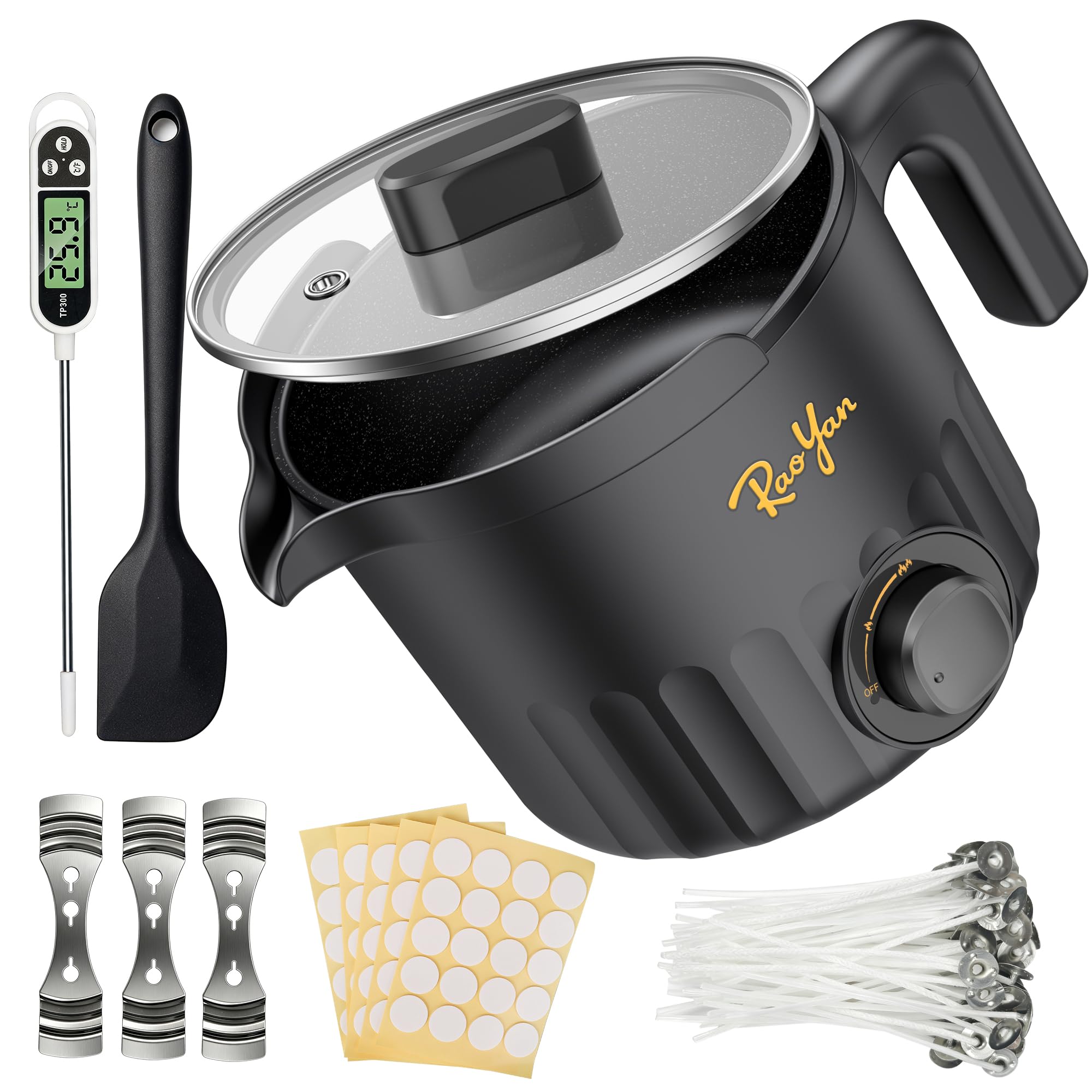 RAOYAN 1.5L Candle Wax Melter with Pour Spout, Wax Melting Pot for Candle Making, Complete Kit for Beginners and Adults with Thermometer, Wicks, Stickers, Centering Device and Stirring Spoon