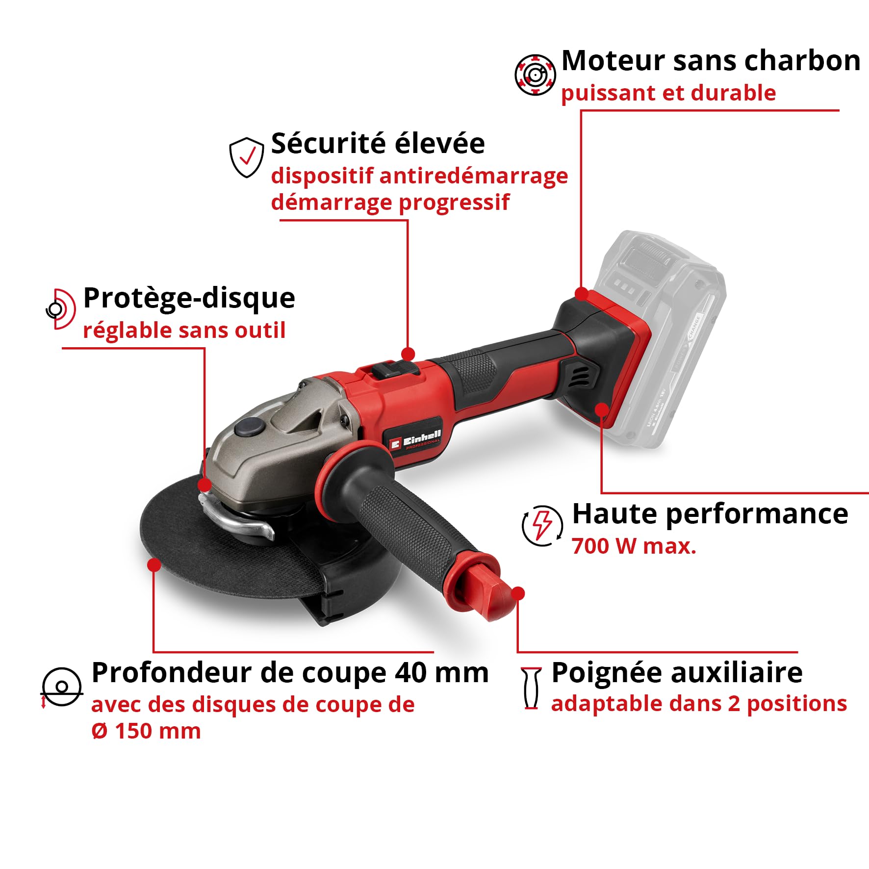 Einhell Meuleuse d'Angle avec Batterie TE-AG 18/150 Li BL-Solo Power X-Change (18 V, Lithium-ion, sans Balais, Surcharge et Moteur de Disque, sans Batterie ni Chargeur, Disque de Coupe Ø150 mm Inclus)