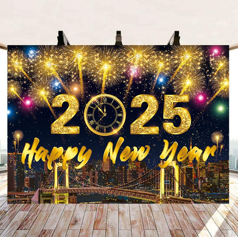 Happy New Year 2025 Party Banner – Large 70x43 Inch Backdrop With Fireworks & Clock Design