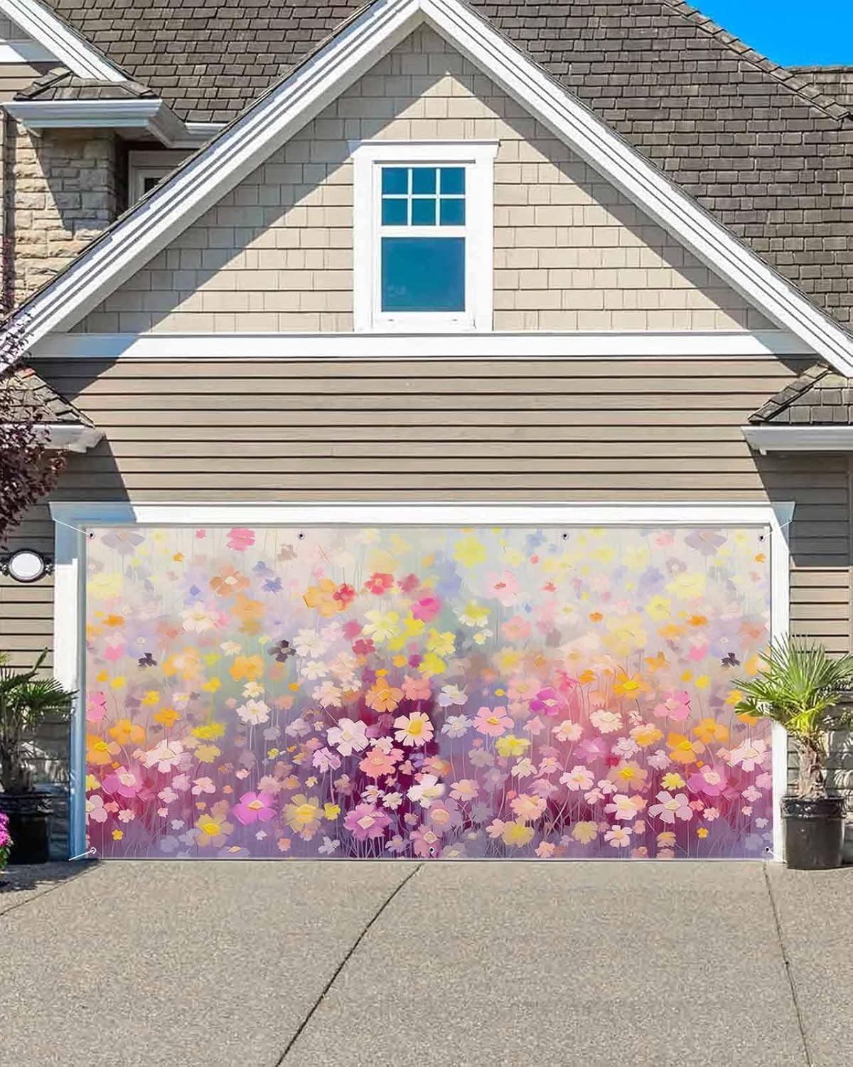 Washable Spring Garage Door Decorations Reusable Hanging Garage Door Banner Cover Watercolor Oil Painting Texture Art Spring Flowers Pink Purple Garage Backdrop for Indoor Outdoor Decor, 72x156 Inch