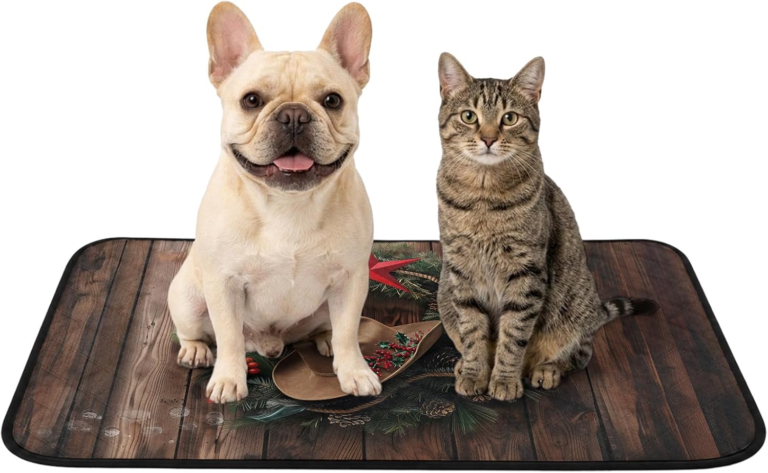 Christmas Western Wreath Xmas Star Cowboy Hat Retro Wood Grain Washable Pee Pads for Dogs Reusable Puppy Pad Waterproof & Non-Slip Dog Cat Food Mat for Crates, Indoor, Outdoor and Car Travel 40"x30"