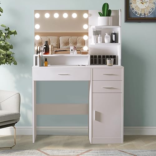 ENJNST Escritorio de tocador con espejo iluminado LED, escritorio de tocador de maquillaje con 3 cajones y gabinete, 3 modos de iluminación de