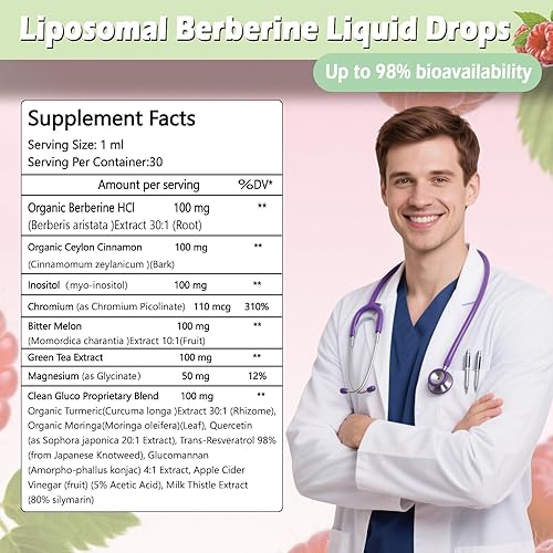 Miniatura 9 de Gotas líquidas de berberina liposomal, berberina HCL 14 en 1 con ceilán, canela, cromo, picolinato de magnesio, melón amargo, cardos lácteos