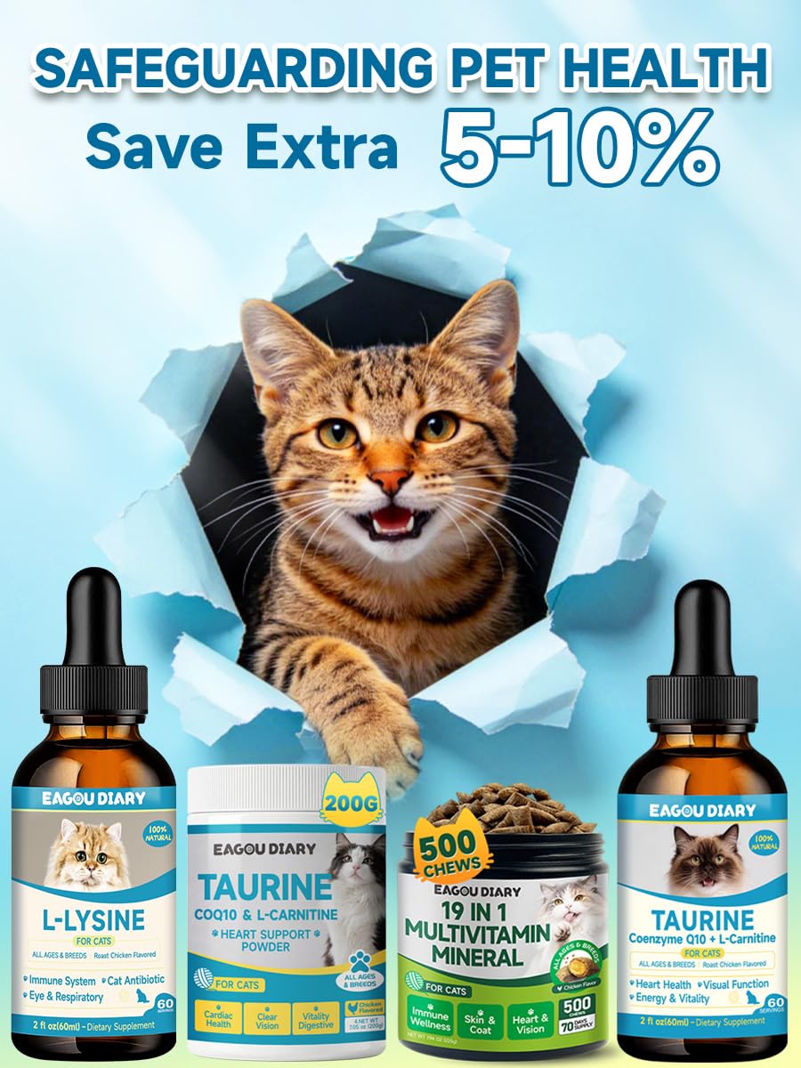 Taurine pour Chats Cardiaque Vision L'éNergie Vitalité Immunitaire 60ML | Coenzyme Q10, L-Carnitine, L-Arginine & Vitamines, Taurine Liquide Pour Chats, CompléMent Taurine Pour FéLins