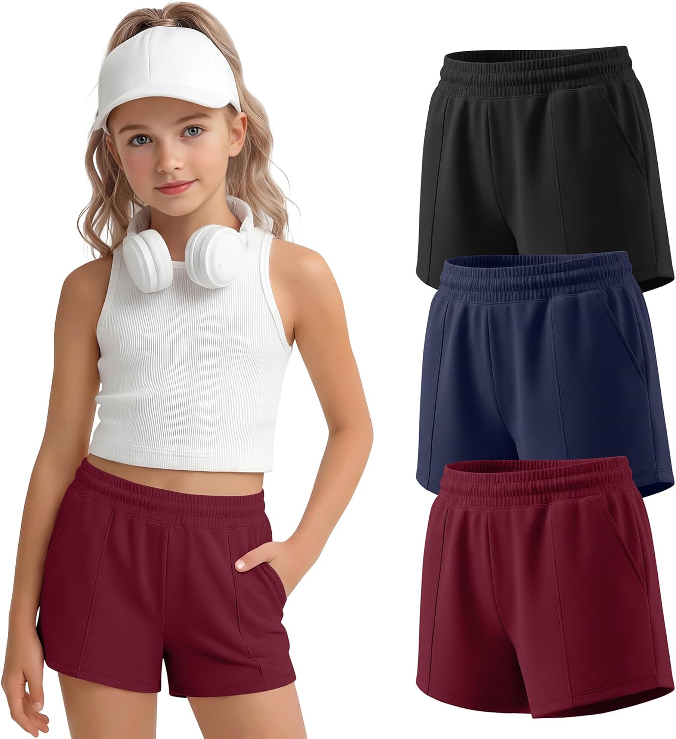 3 Pack Girls Shorts Summer Athletic Shorts Kids Casual Elastic Waist SweatShorts with Pockets Cute Clothes for Teen