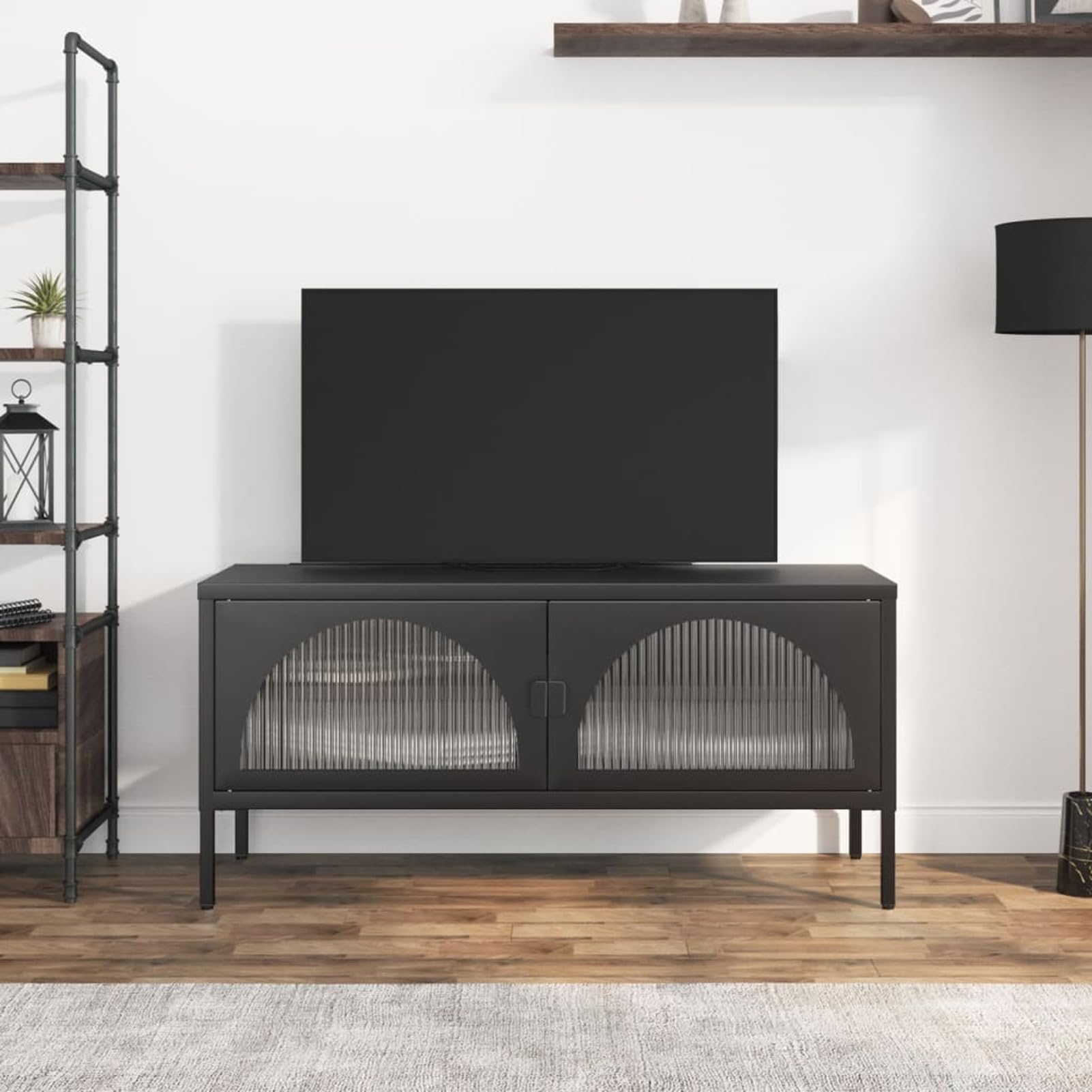 Homgoday Szafka pod telewizor szkło i stal czarna 105x35x50 cm, szafka pod telewizor salon jadalnia stół kawowy telewizor sprzęt muzyczny szafa pod schowek uchwyt meblowy telewizor