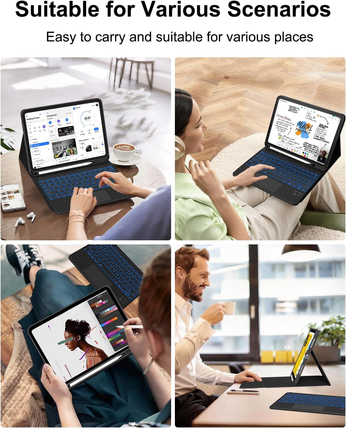 for iPad 11th 10th Generation Case with Keyboard, Folio Cover with Pencil Holder, Multi-Touch Trackpad, 7 Color Backlit, Detachable Keyboard for iPad (A16) 11th/10th Gen, Black