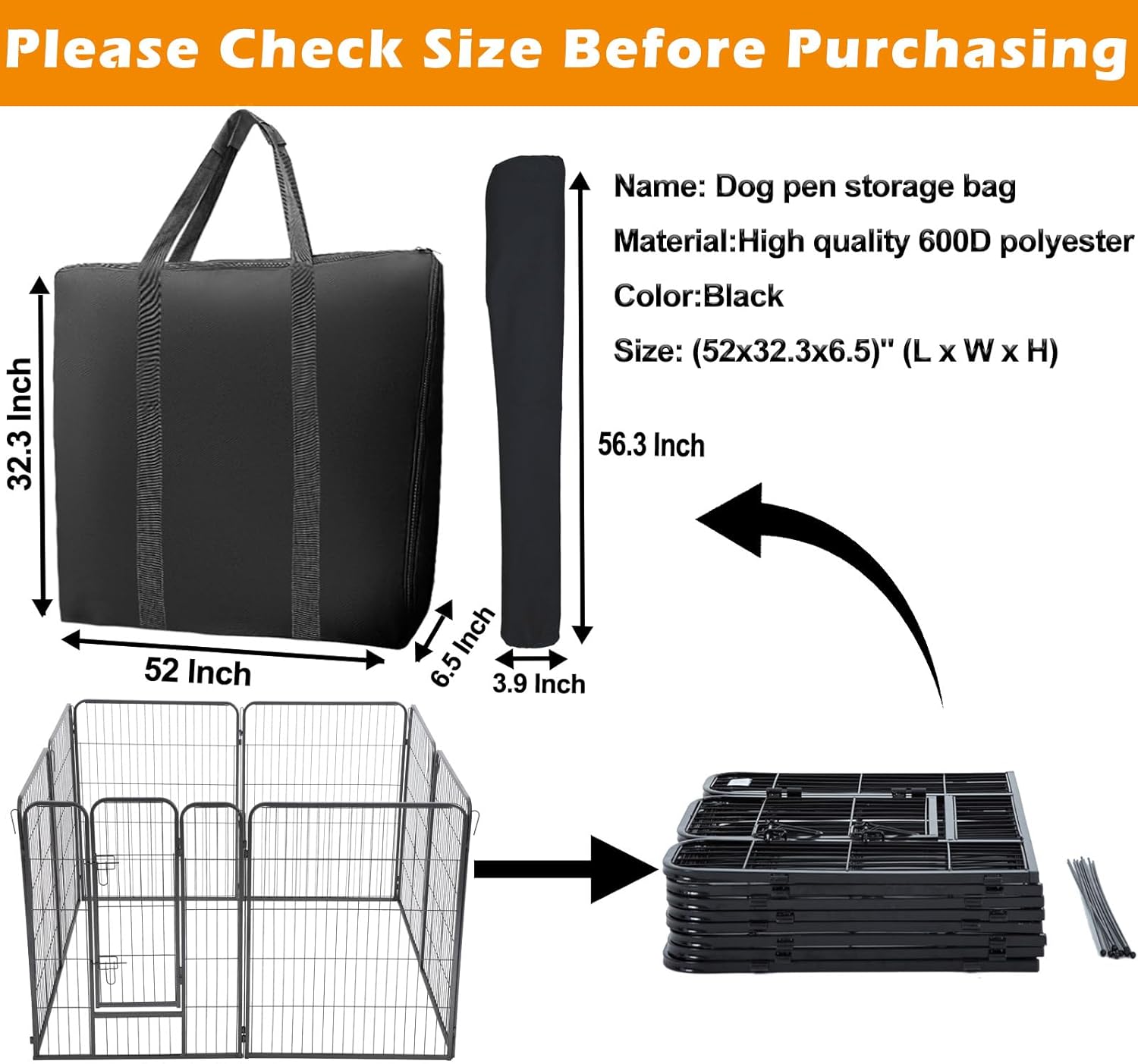 LWFCOEE 50 Inch Waterproof Heavy Duty Dog Fence Travel Bag, Fits 8 Panels Dog Pen and 9 Stakes, 52"x32.3"x6.5"