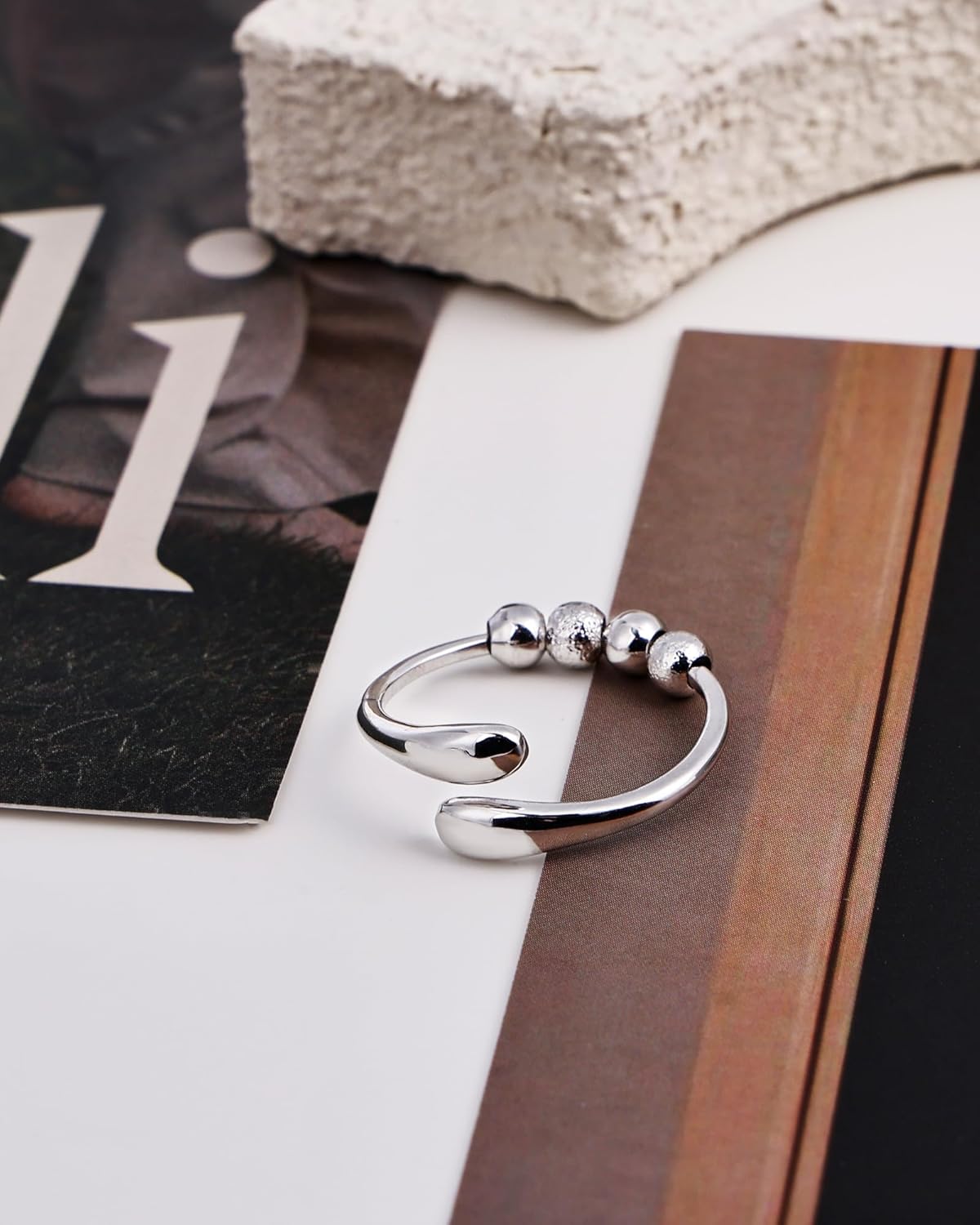 Adjustable Open Ring for Women - Sterling Silver Statement Ring with Textured Bead Design, Stackable Fashion Jewelry, Unique Adjustable Finger Ring - Image 6