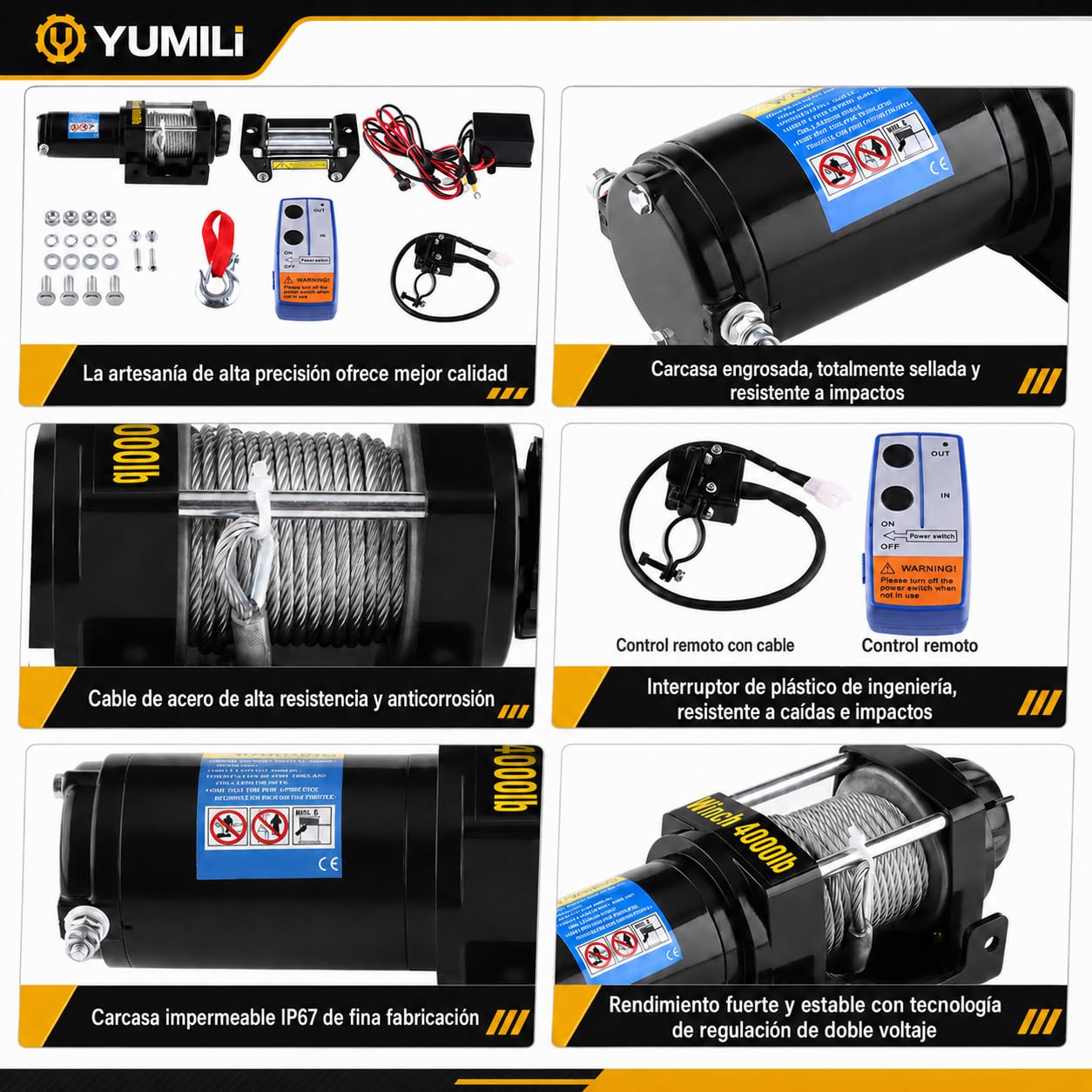 Cabrestante Eléctrico 12 V, 4000 LBS/1818 Kg Cabrestante Quad, Winchi Electrico Cable de Acero 4.8mm*15 m con Control Remoto Inalámbrico, IP67 para Remolque Todoterreno de Vehículos ATV UTV SUV