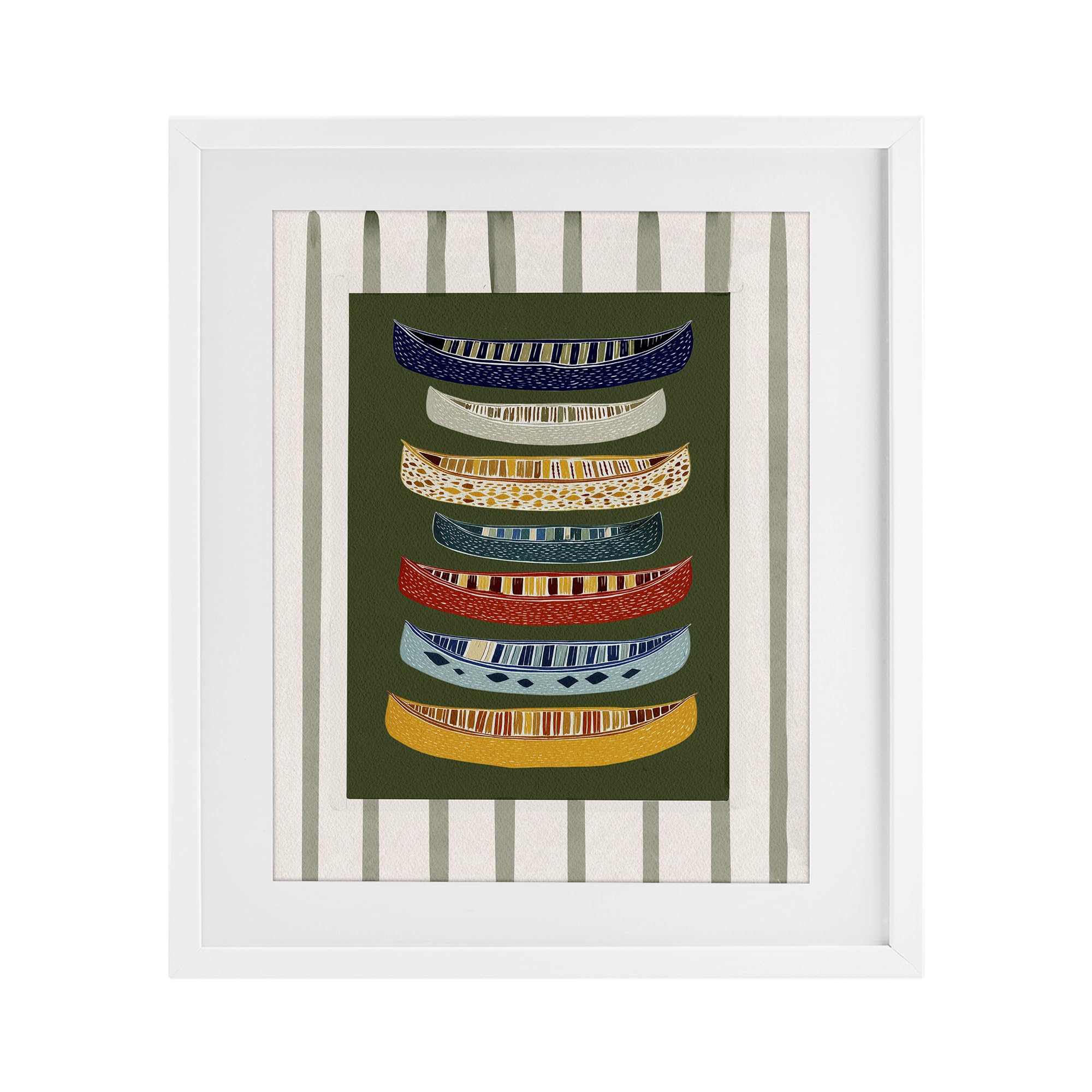 Stupell Industries Coastal White (Textured) Patterned Canoes Over Stripes, 17 X 21 Inch Framed Print Under Glass