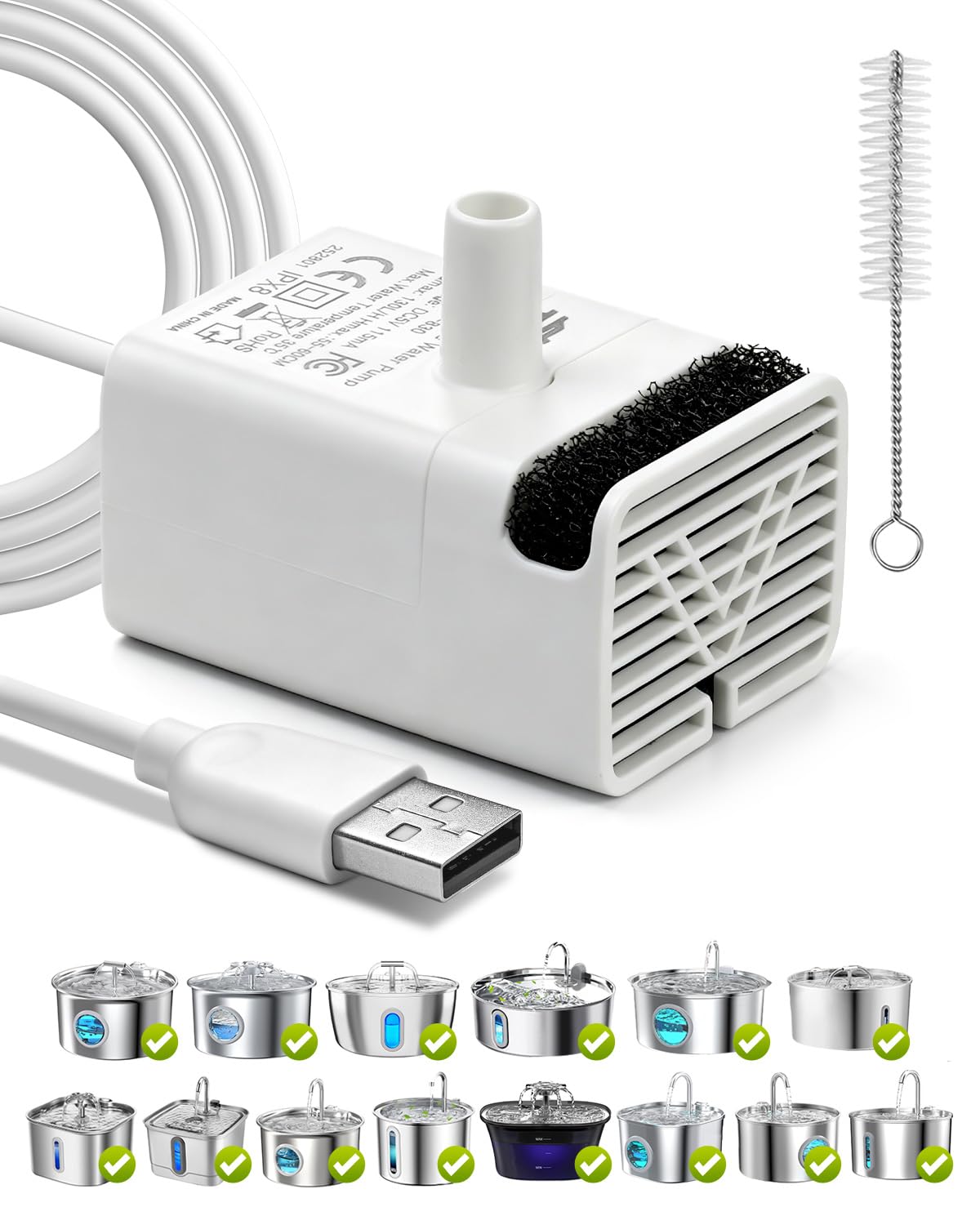 JY-830 Pompa sommergibile universale per molte fontane per animali domestici in acciaio inox, pompa ad acqua per gatti ultra silenziosa, motore USB, cavo da 1,50 m, IPX8, bassa potenza, lunga