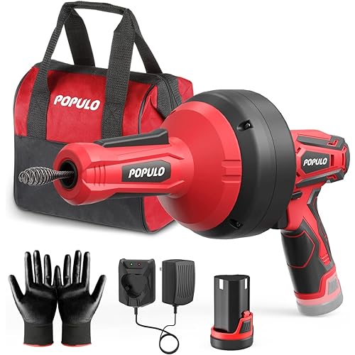 POPULO Electric Drain Auger, 12V Flexible Snake Drain Clog Remover with Power Drill, Cordless Plumbing Snake for Toilet, Sewer, Bathroom, Sink and Shower, Comes with Gloves and Tool Bag